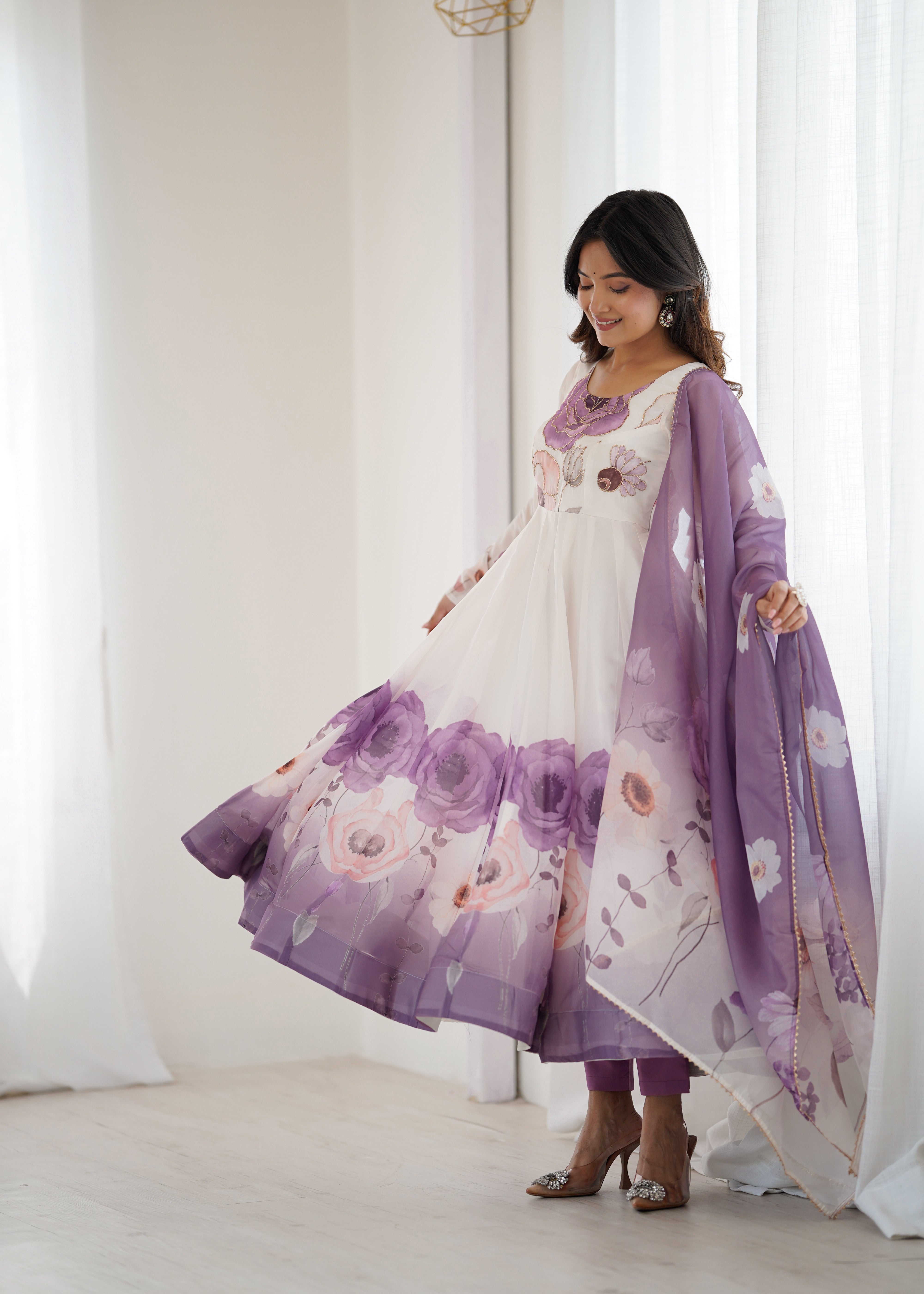 New Partywear Heavy Pure Soft Organza Silk Beautiful Rose Pattern Anarkali Set