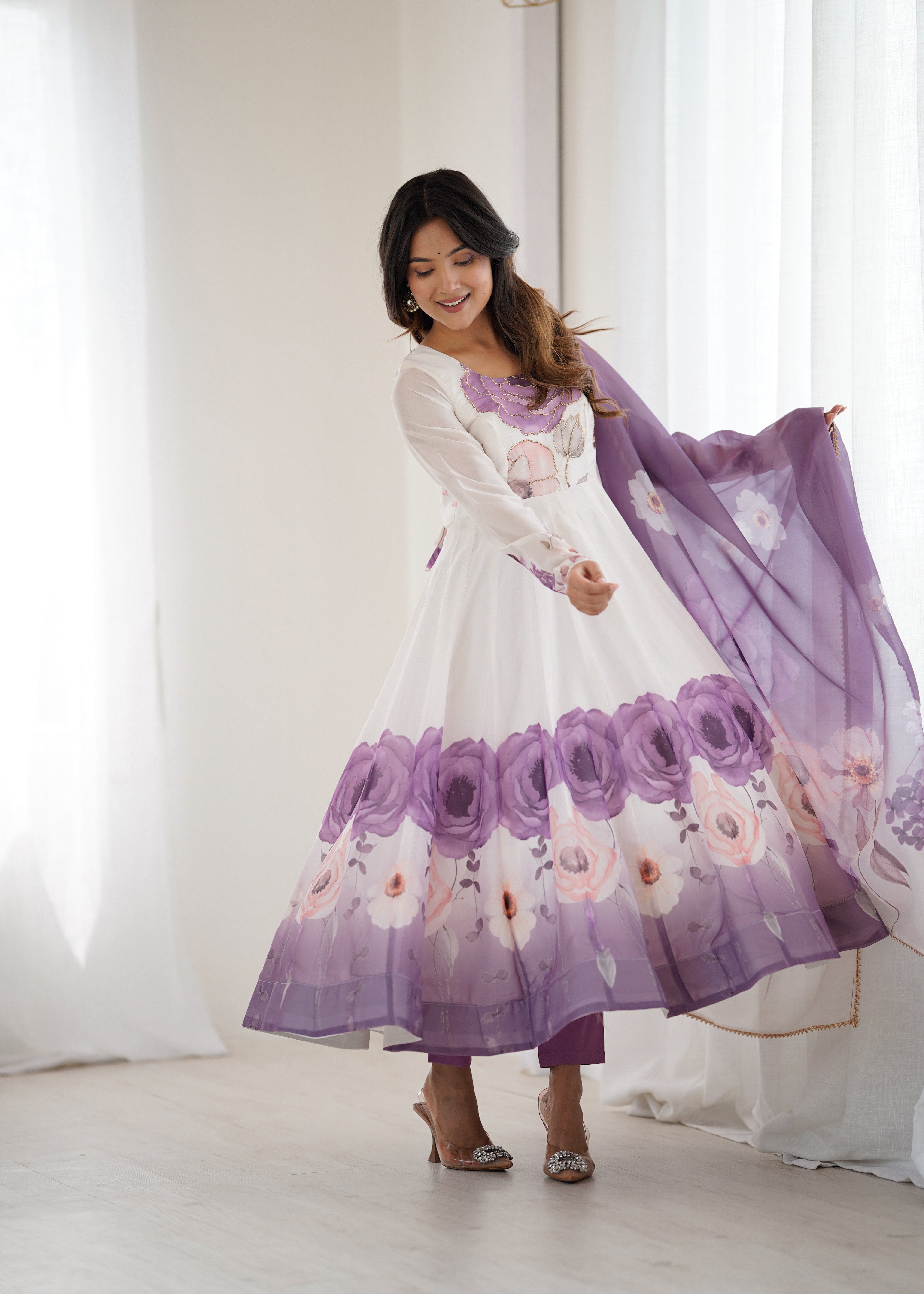 New Partywear Heavy Pure Soft Organza Silk Beautiful Rose Pattern Anarkali Set