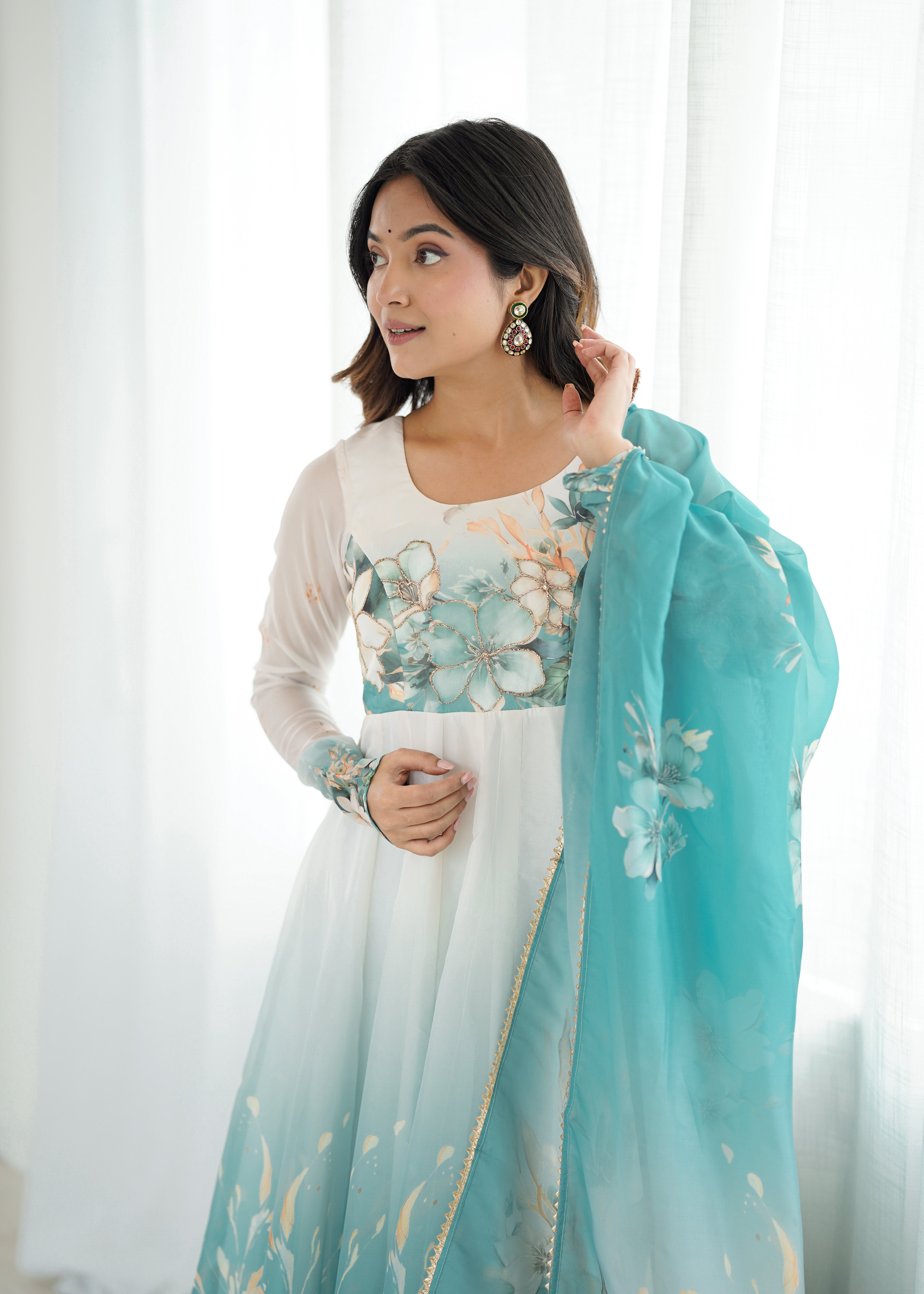 New Partywear Heavy Pure Soft Organza Silk Beautiful Rose Pattern Anarkali Set