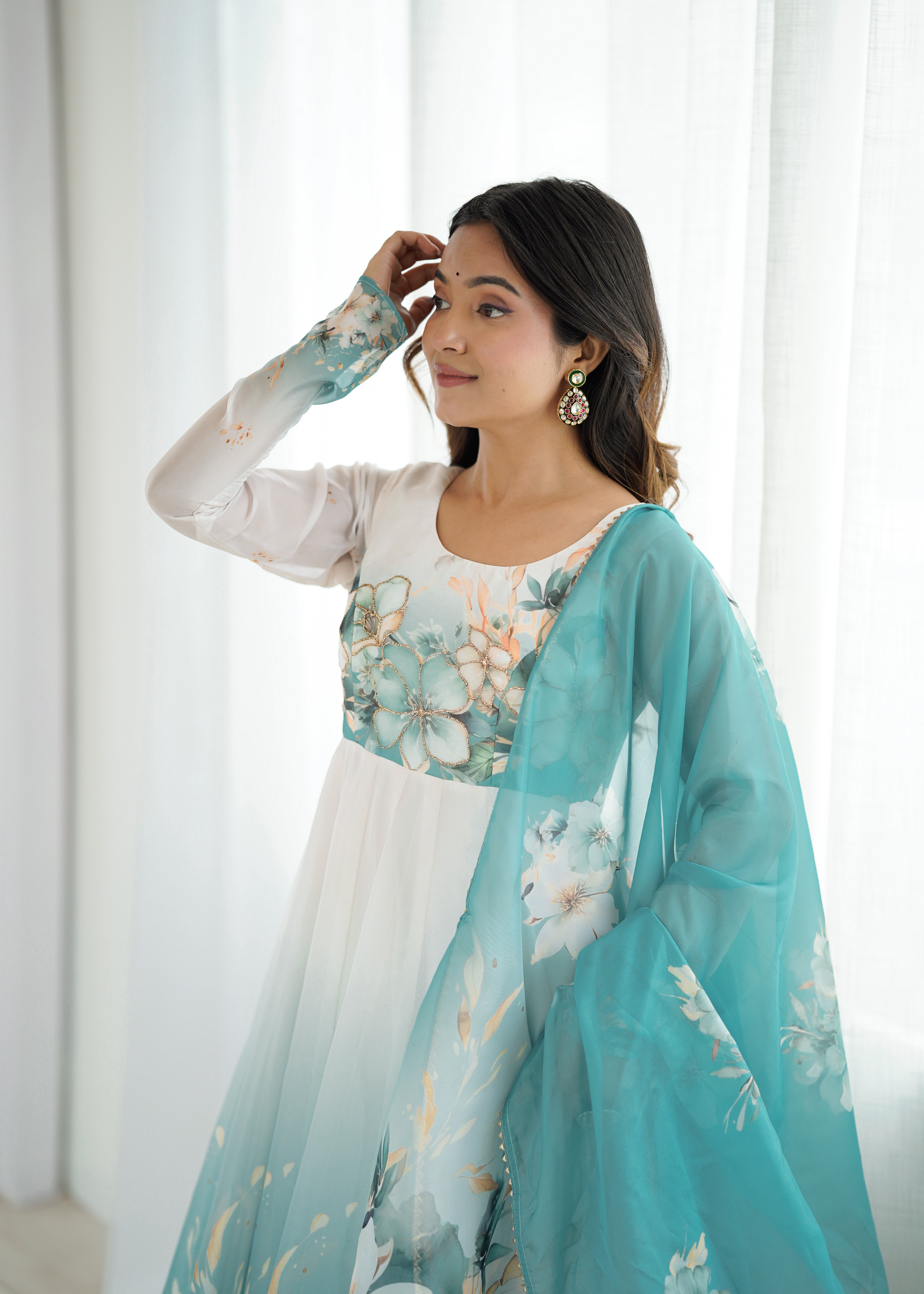New Partywear Heavy Pure Soft Organza Silk Beautiful Rose Pattern Anarkali Set