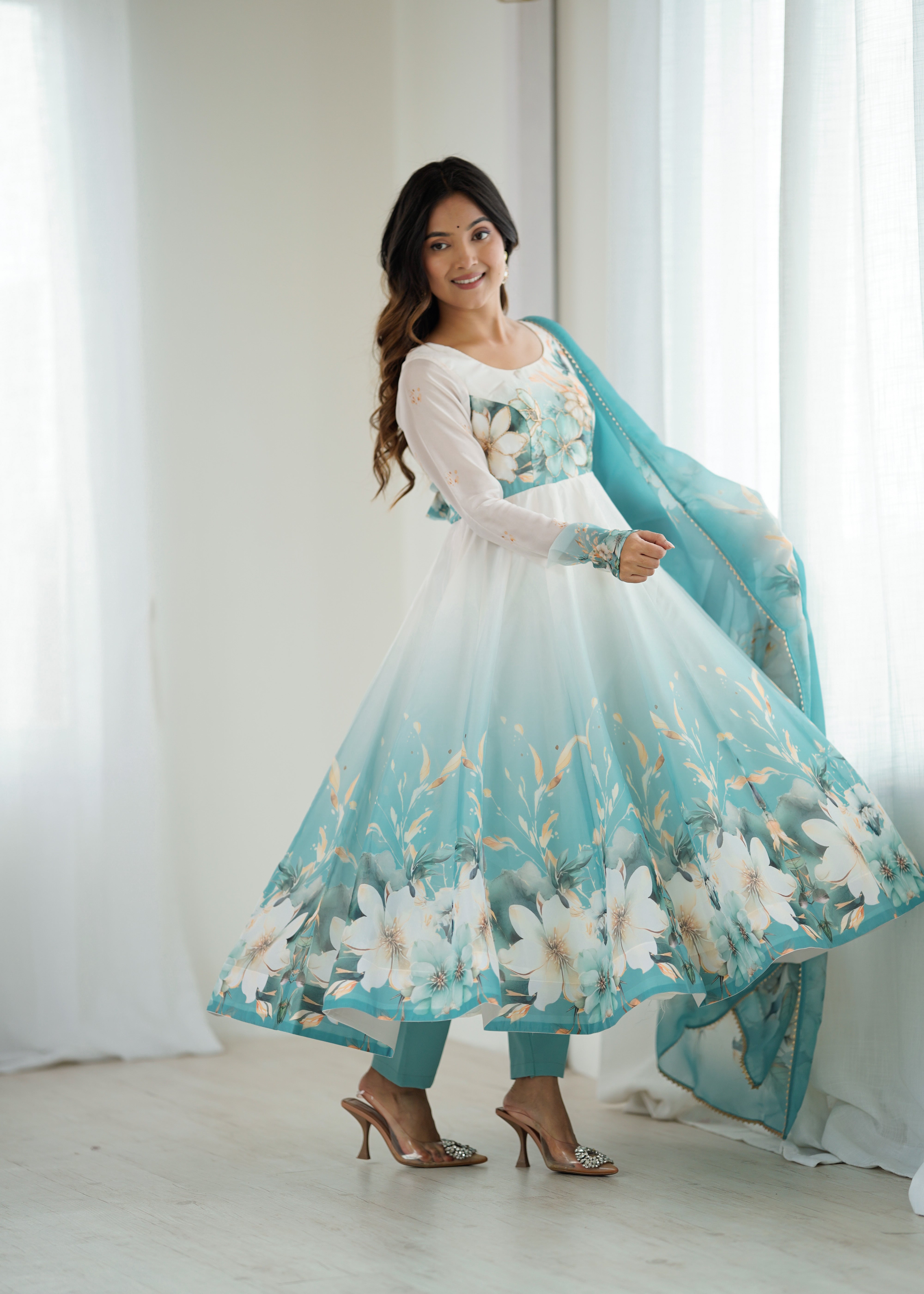 New Partywear Heavy Pure Soft Organza Silk Beautiful Rose Pattern Anarkali Set