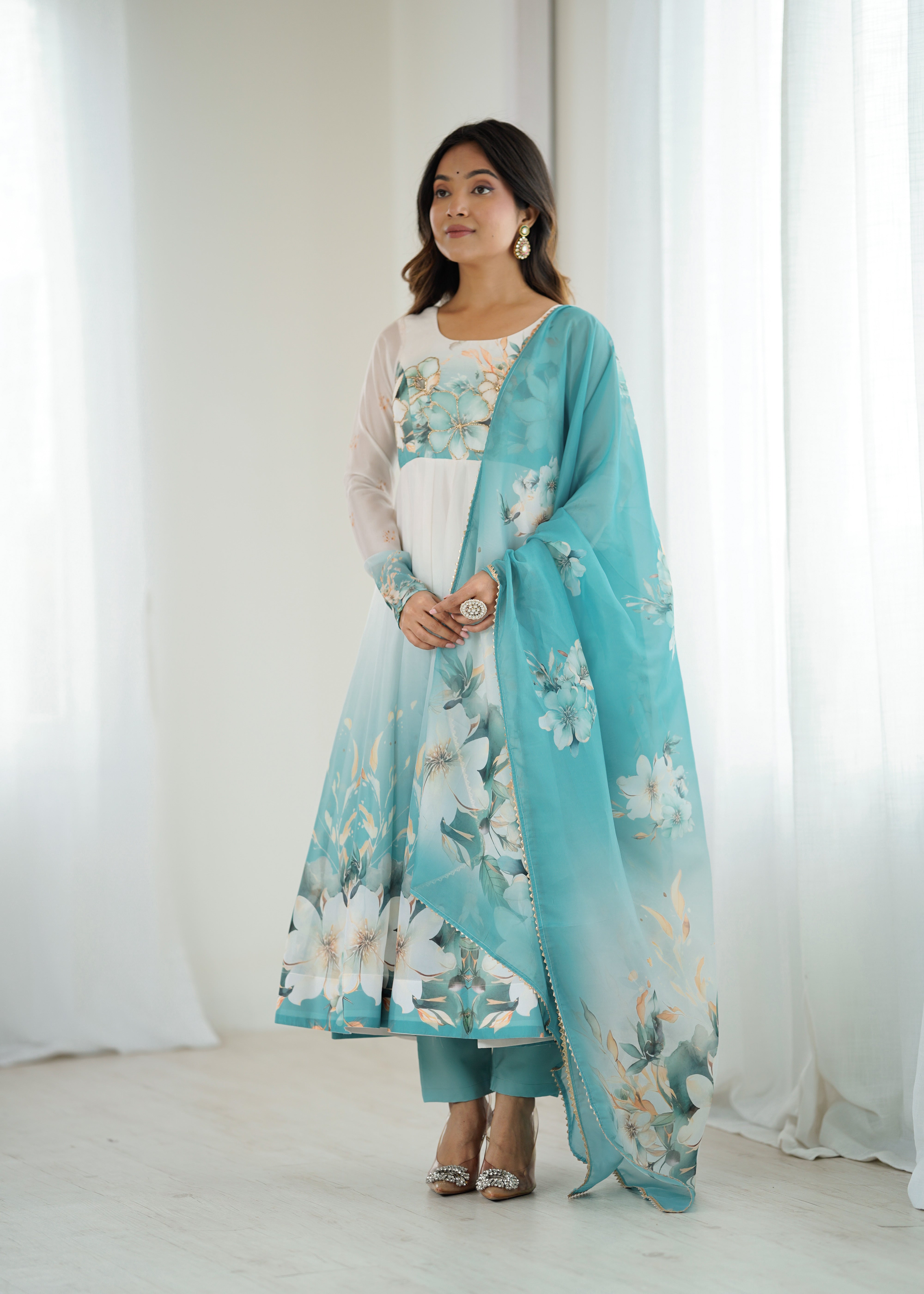 New Partywear Heavy Pure Soft Organza Silk Beautiful Rose Pattern Anarkali Set