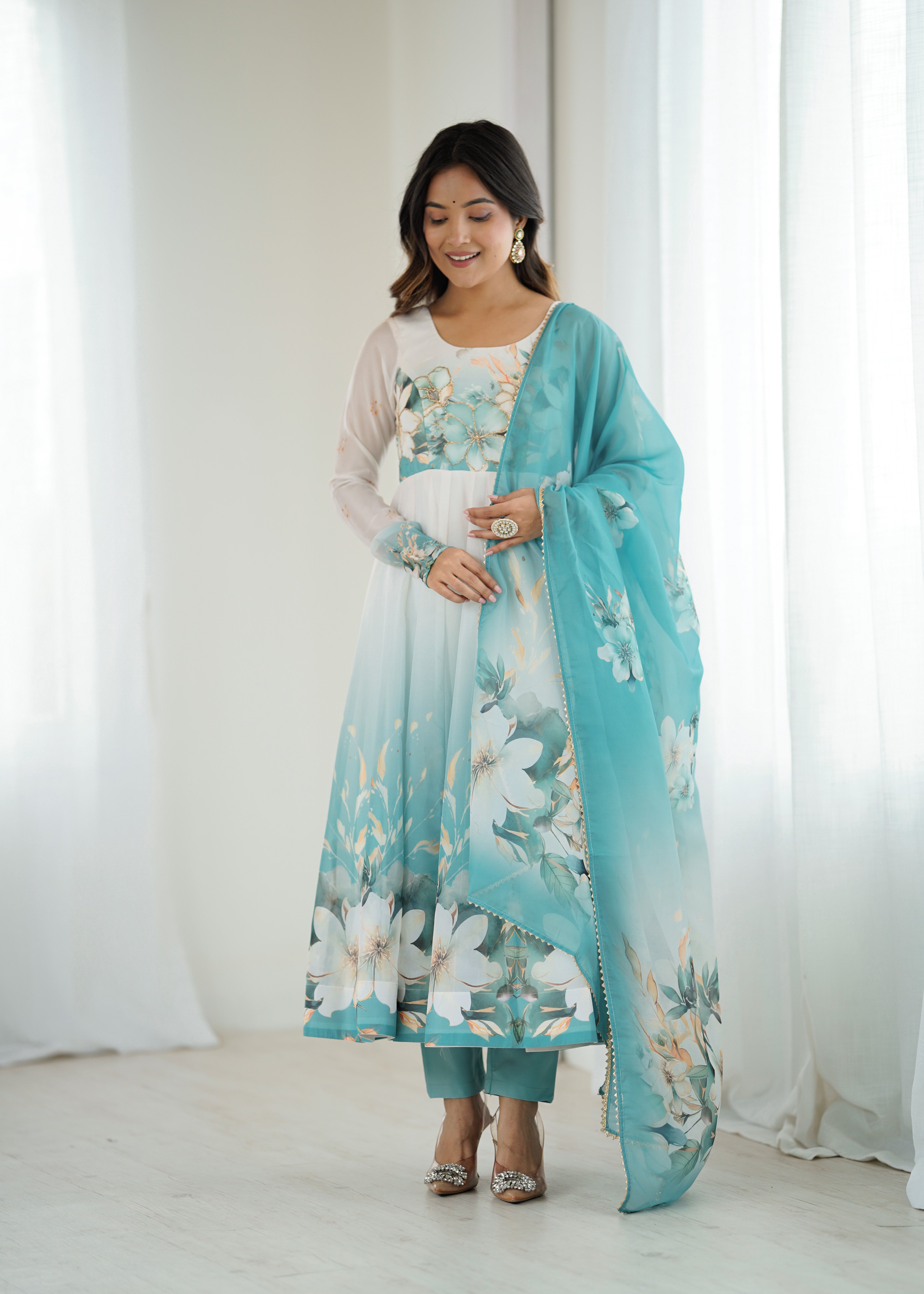 New Partywear Heavy Pure Soft Organza Silk Beautiful Rose Pattern Anarkali Set
