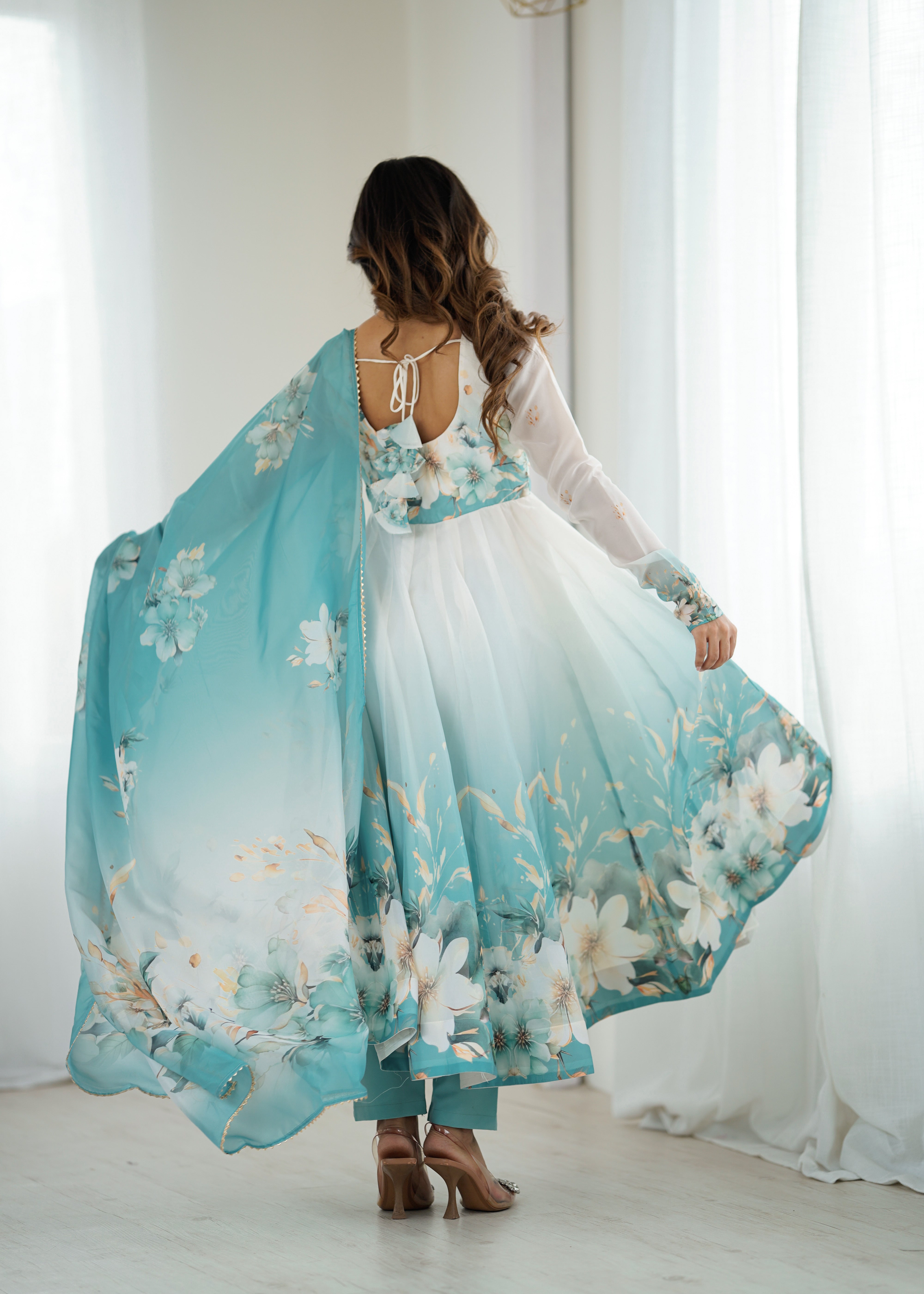 New Partywear Heavy Pure Soft Organza Silk Beautiful Rose Pattern Anarkali Set
