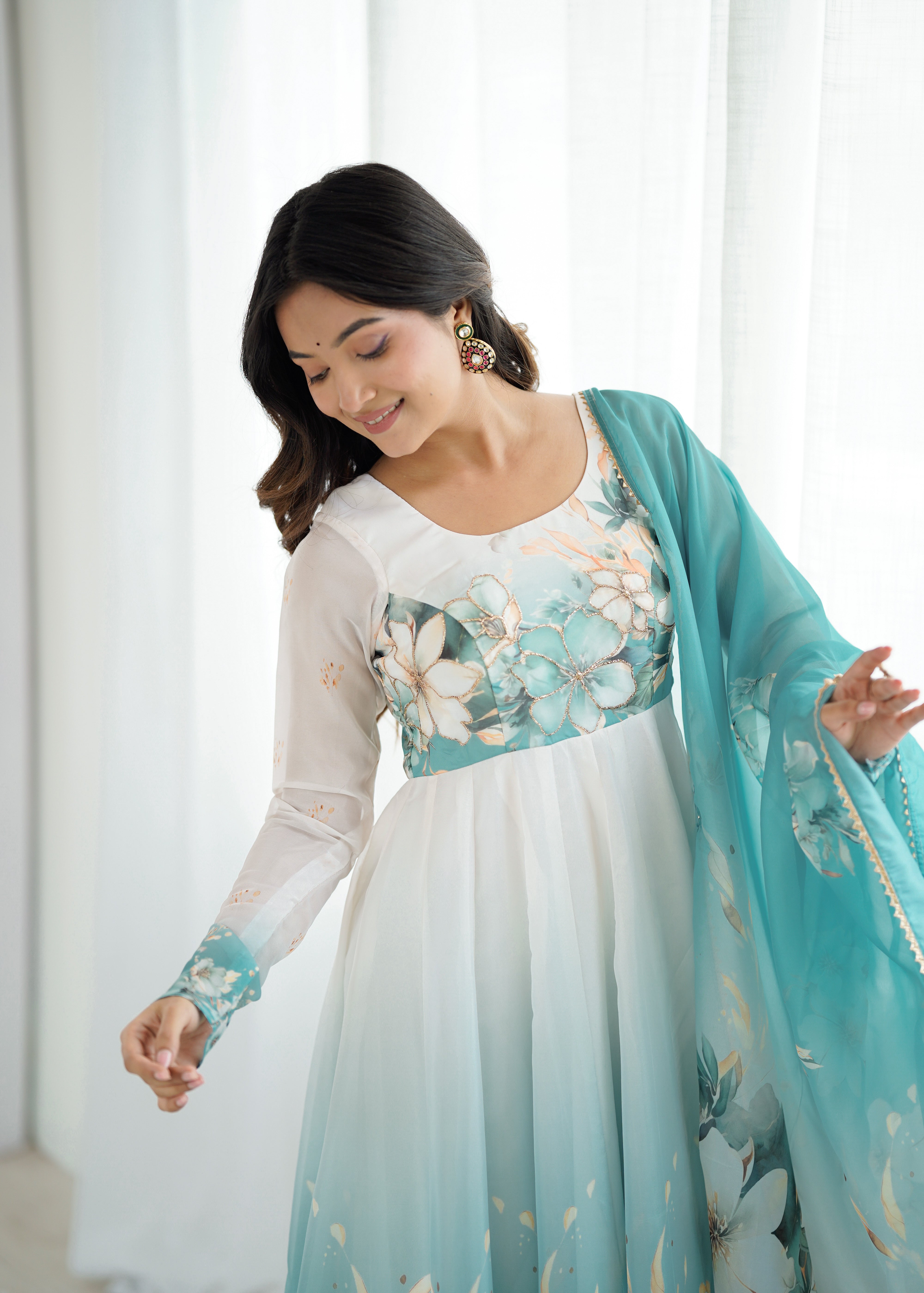 New Partywear Heavy Pure Soft Organza Silk Beautiful Rose Pattern Anarkali Set