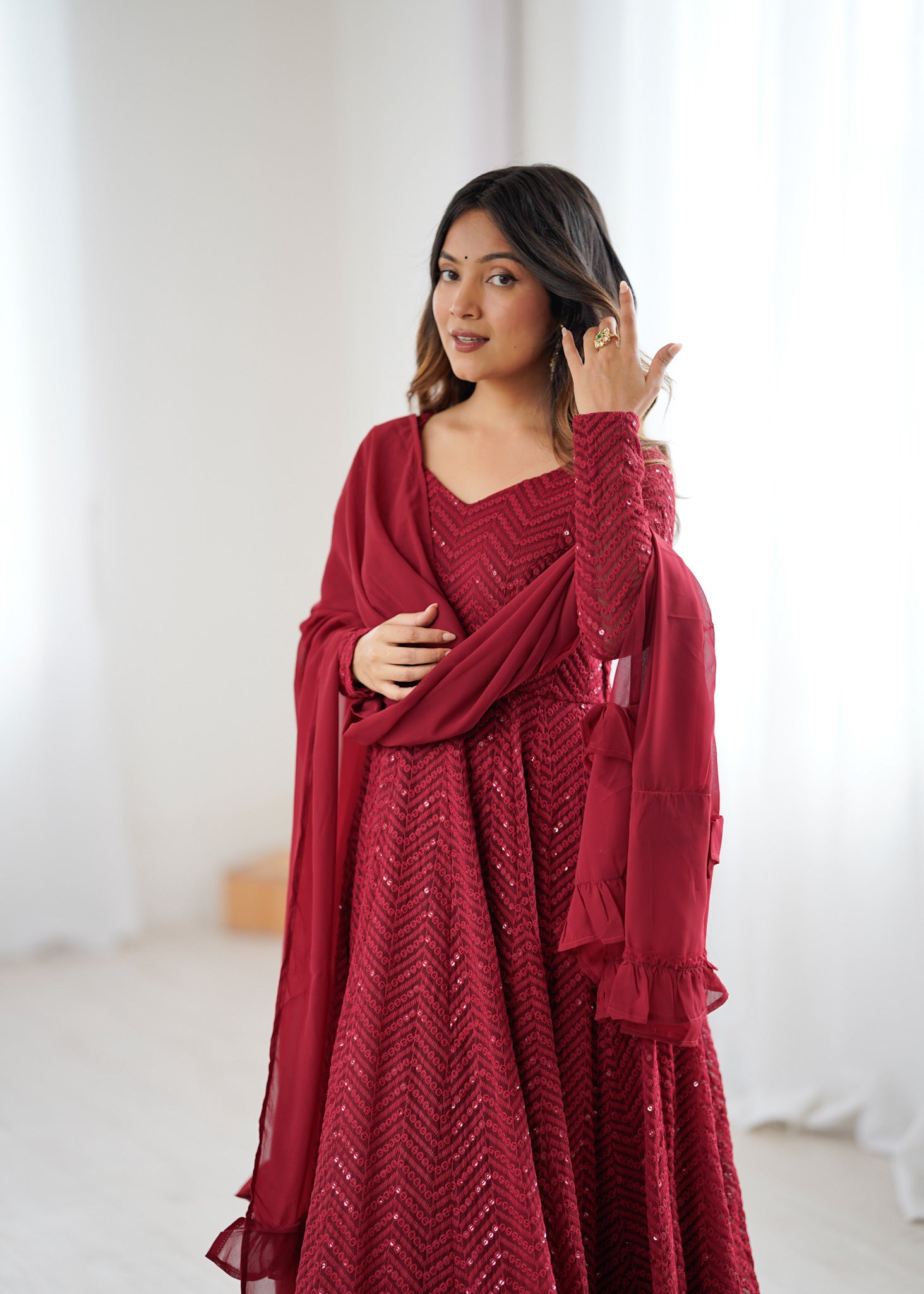 Red Premium Lucknowi Sequin Work Anarkali Set