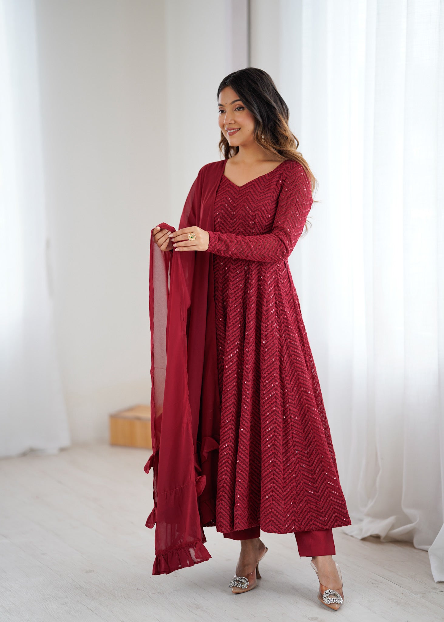 Red Premium Lucknowi Sequin Work Anarkali Set