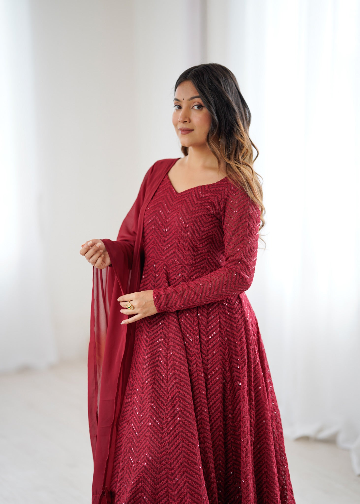 Red Premium Lucknowi Sequin Work Anarkali Set
