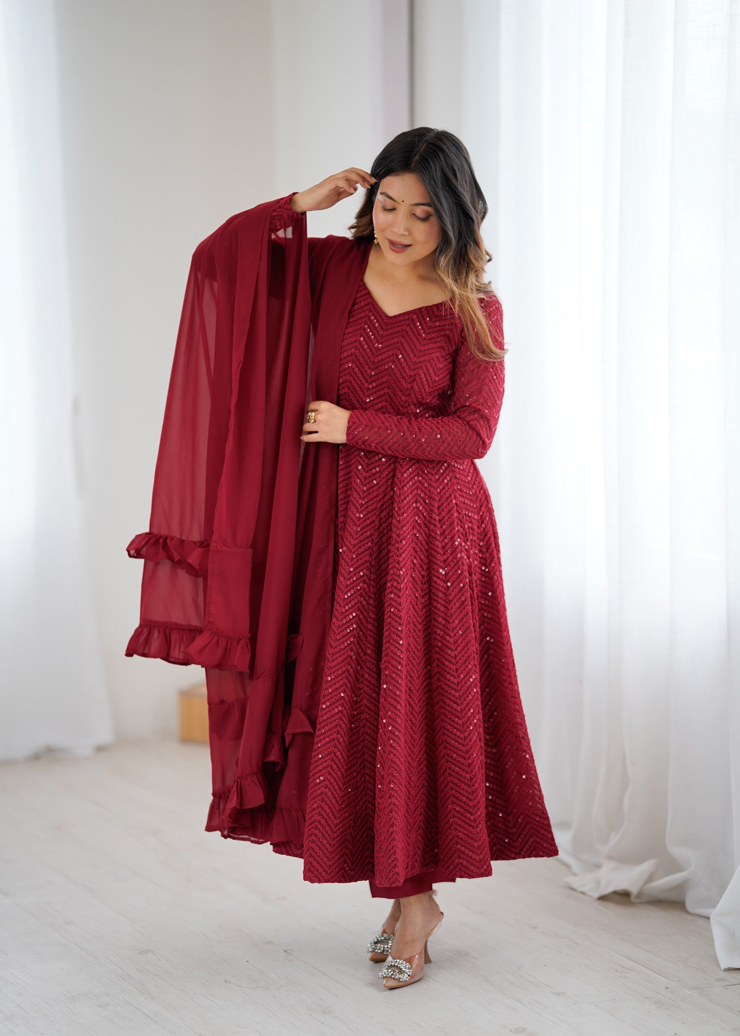 Red Premium Lucknowi Sequin Work Anarkali Set