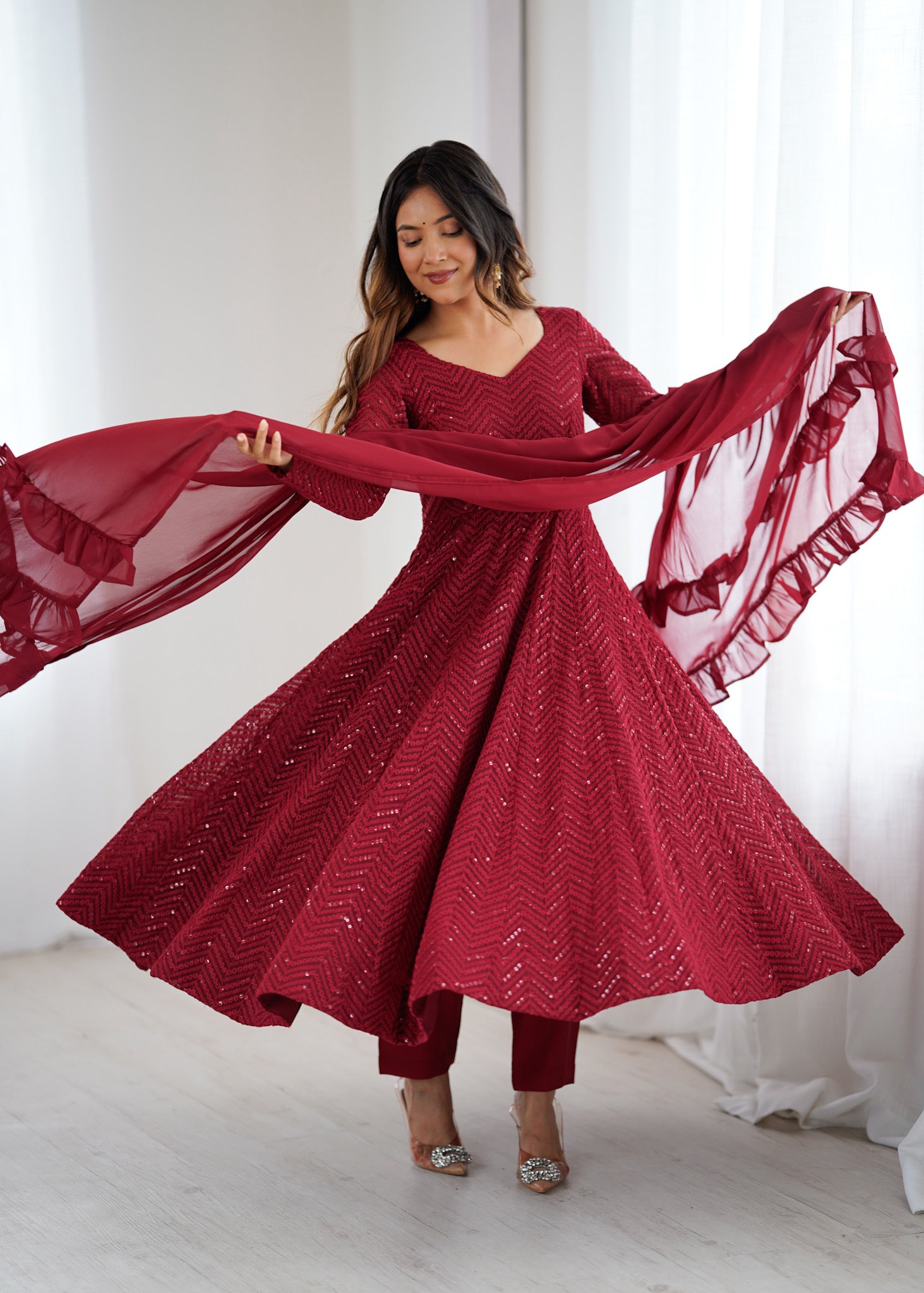 Red Premium Lucknowi Sequin Work Anarkali Set