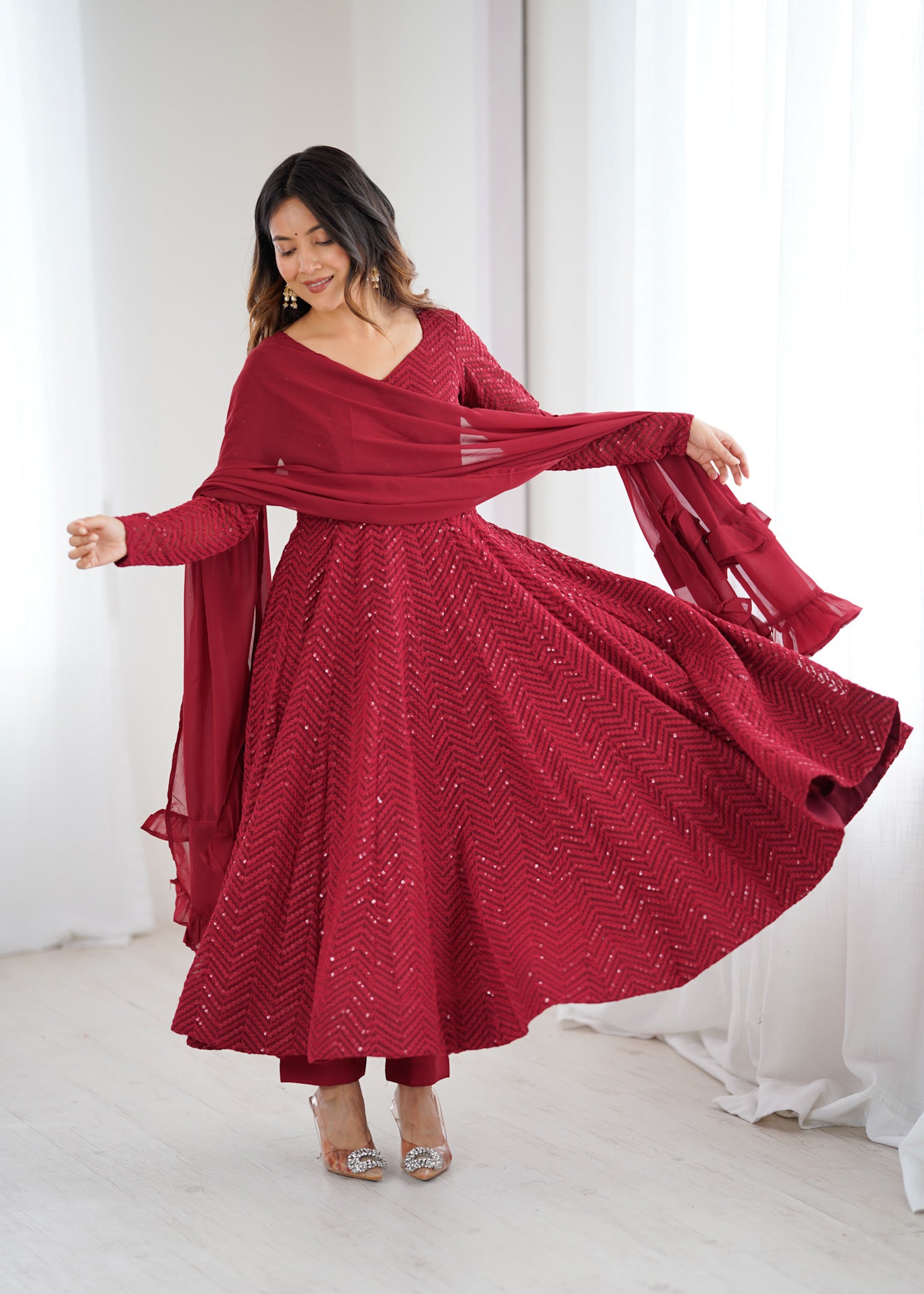 Red Premium Lucknowi Sequin Work Anarkali Set