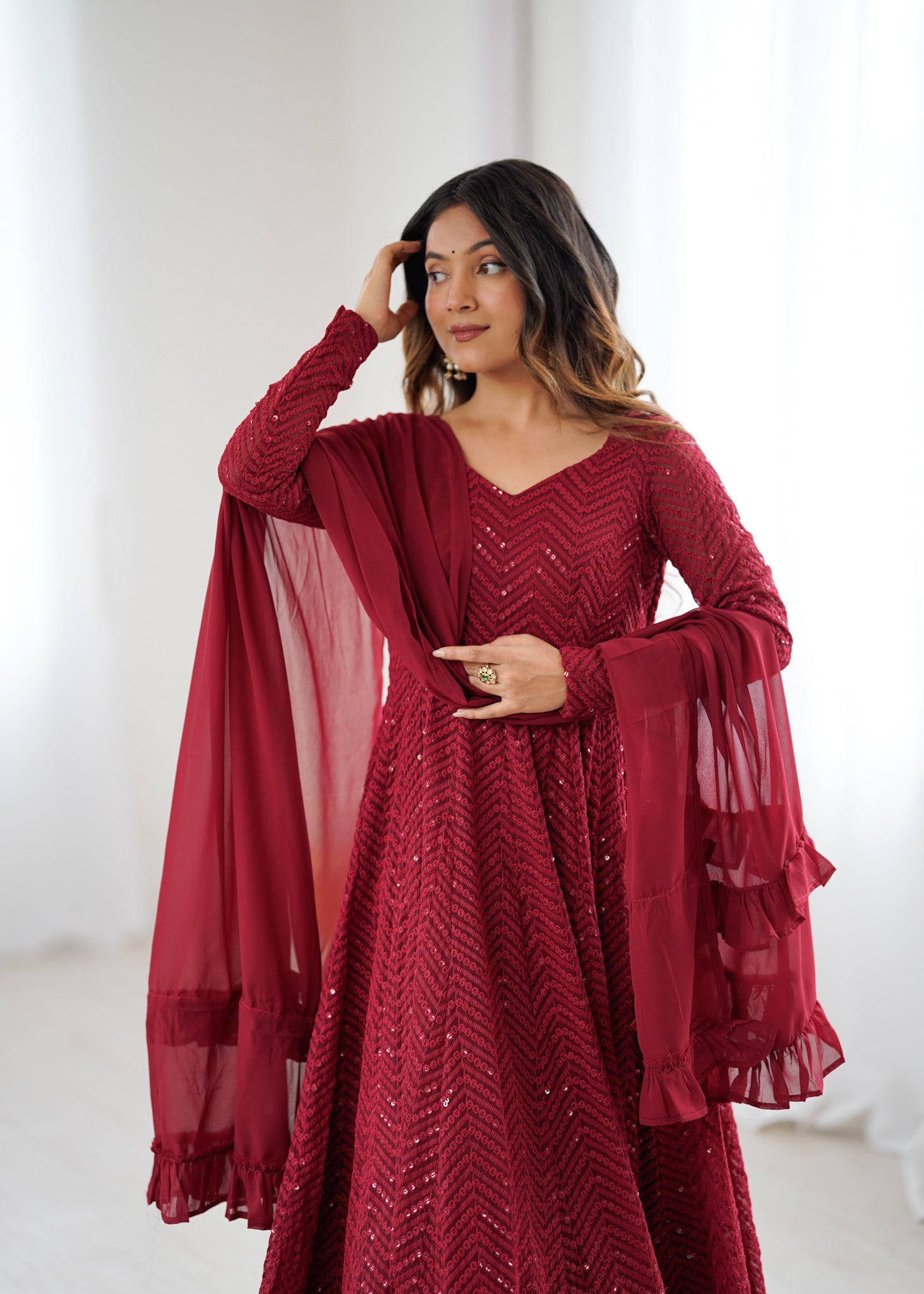 Red Premium Lucknowi Sequin Work Anarkali Set