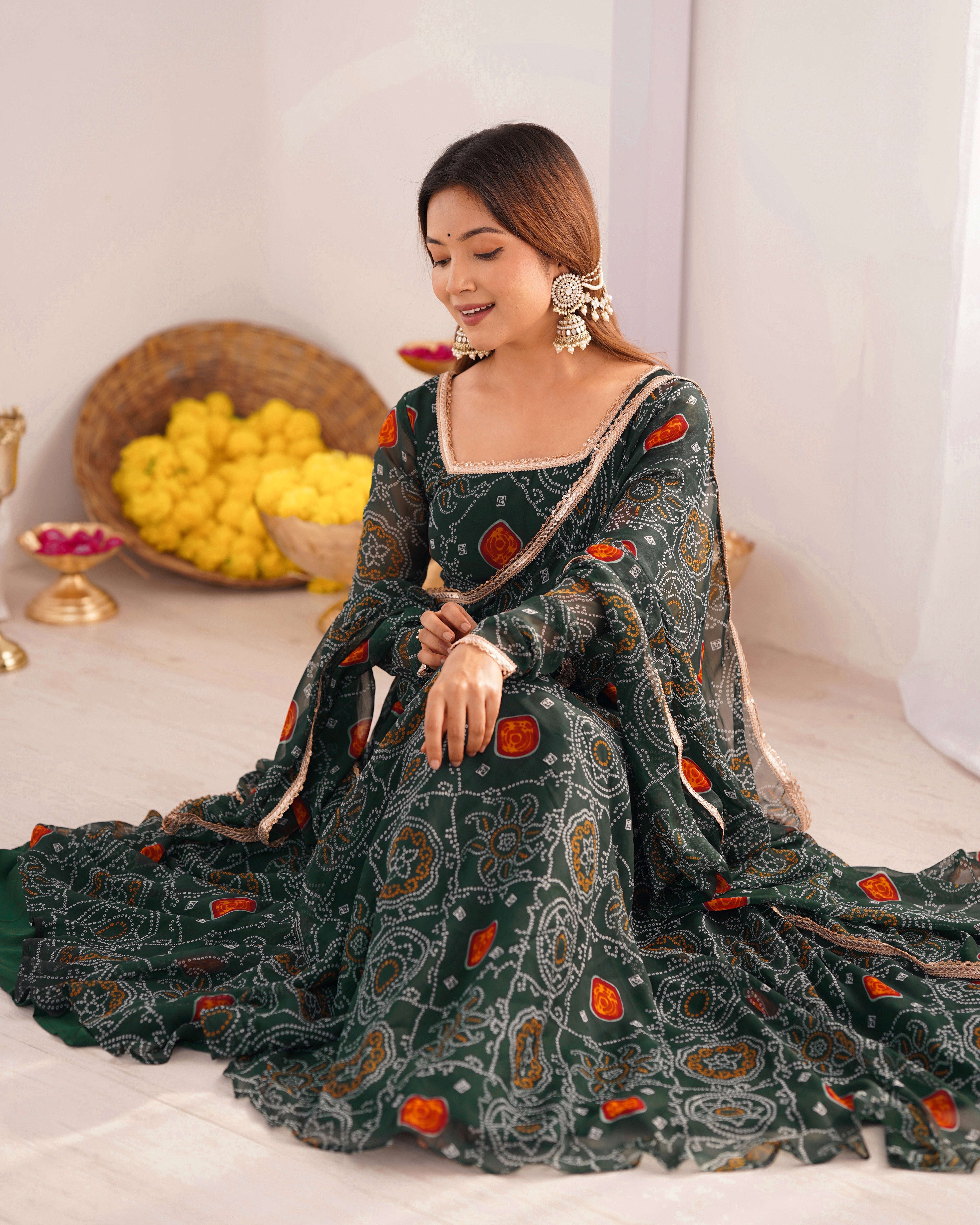 Lightweight Chiffon Bandhej Anarkali Set – 8 Mtr Flair with Lace Dupatta & Cotton Pant