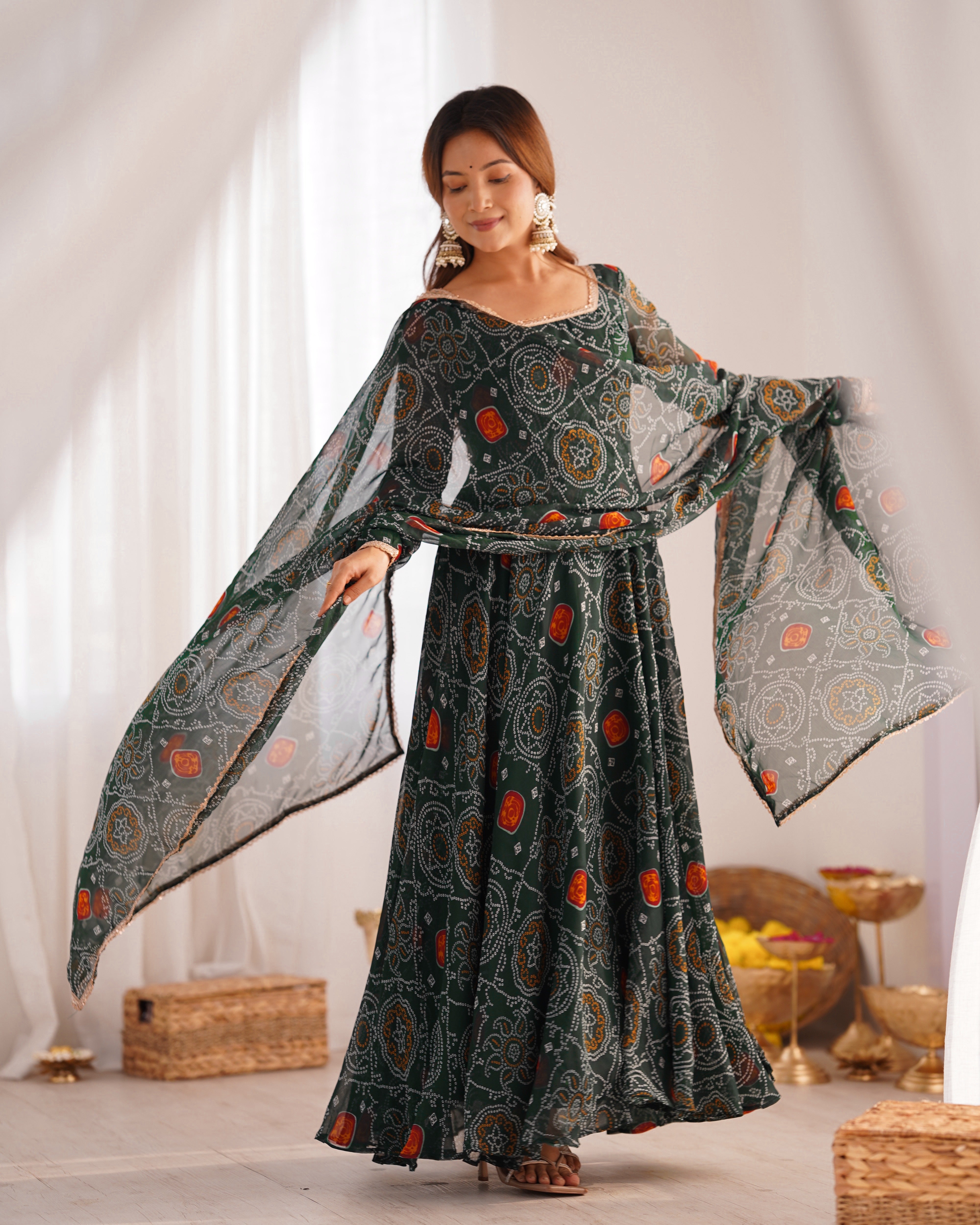 Lightweight Chiffon Bandhej Anarkali Set – 8 Mtr Flair with Lace Dupatta & Cotton Pant