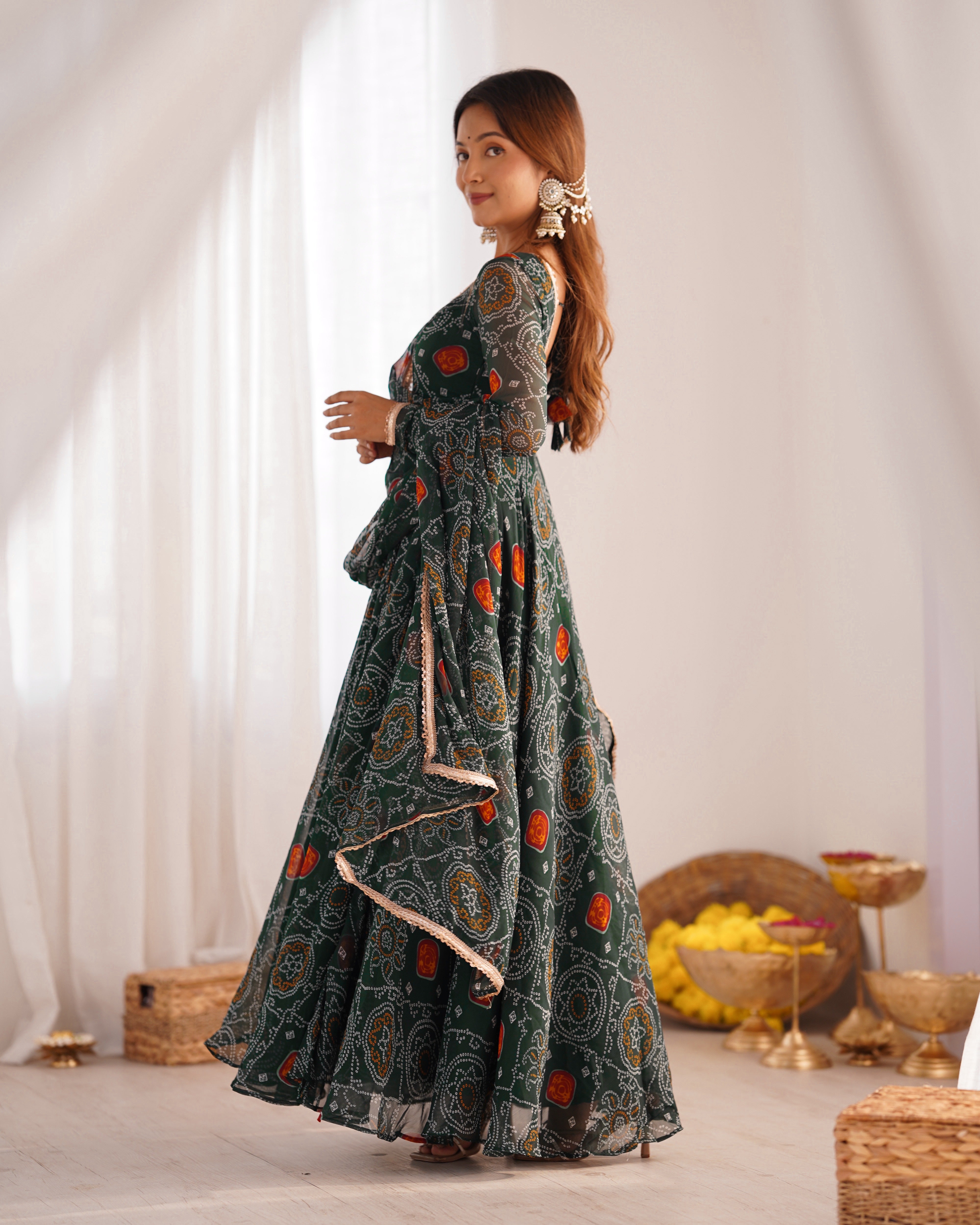 Lightweight Chiffon Bandhej Anarkali Set – 8 Mtr Flair with Lace Dupatta & Cotton Pant