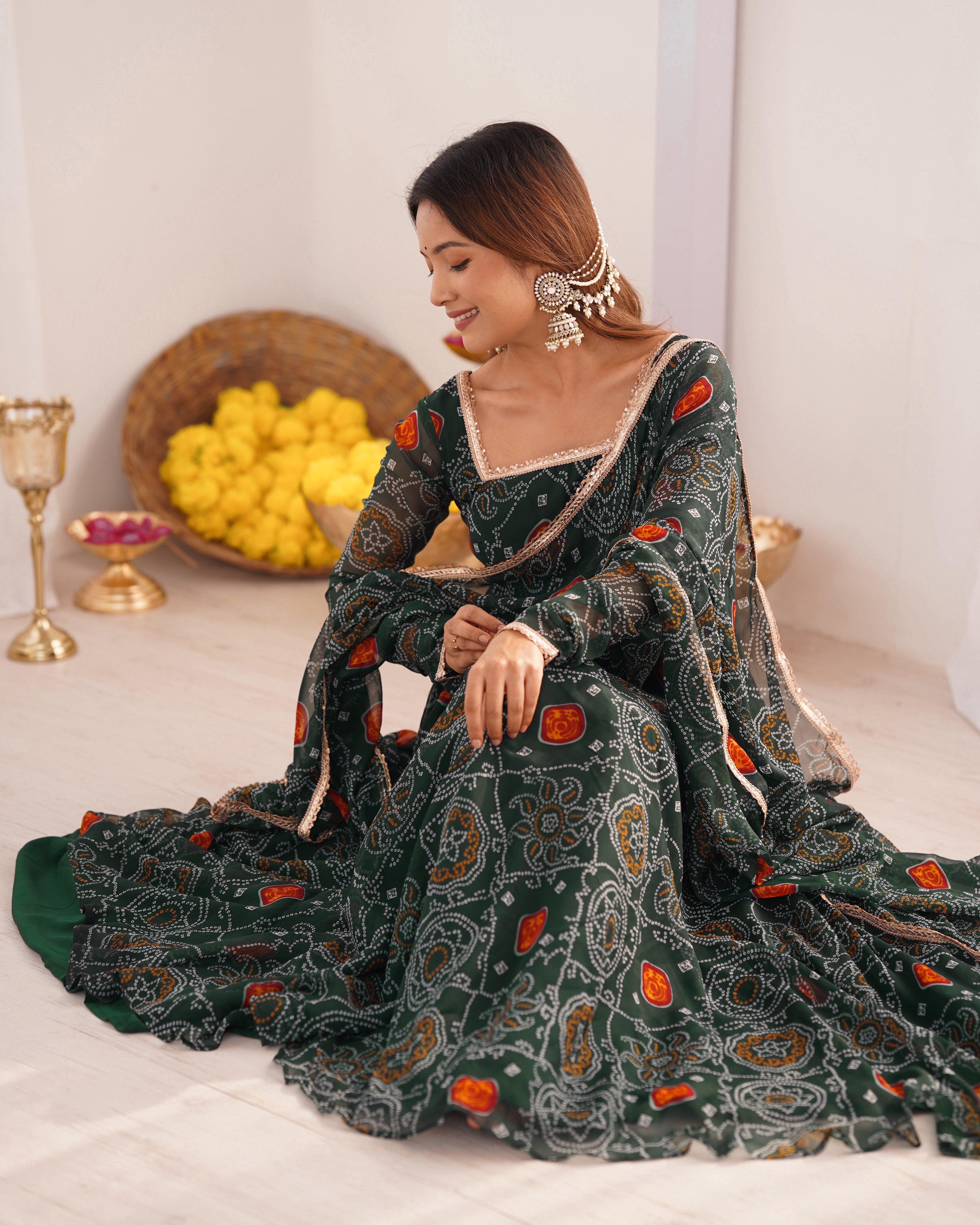 Lightweight Chiffon Bandhej Anarkali Set – 8 Mtr Flair with Lace Dupatta & Cotton Pant