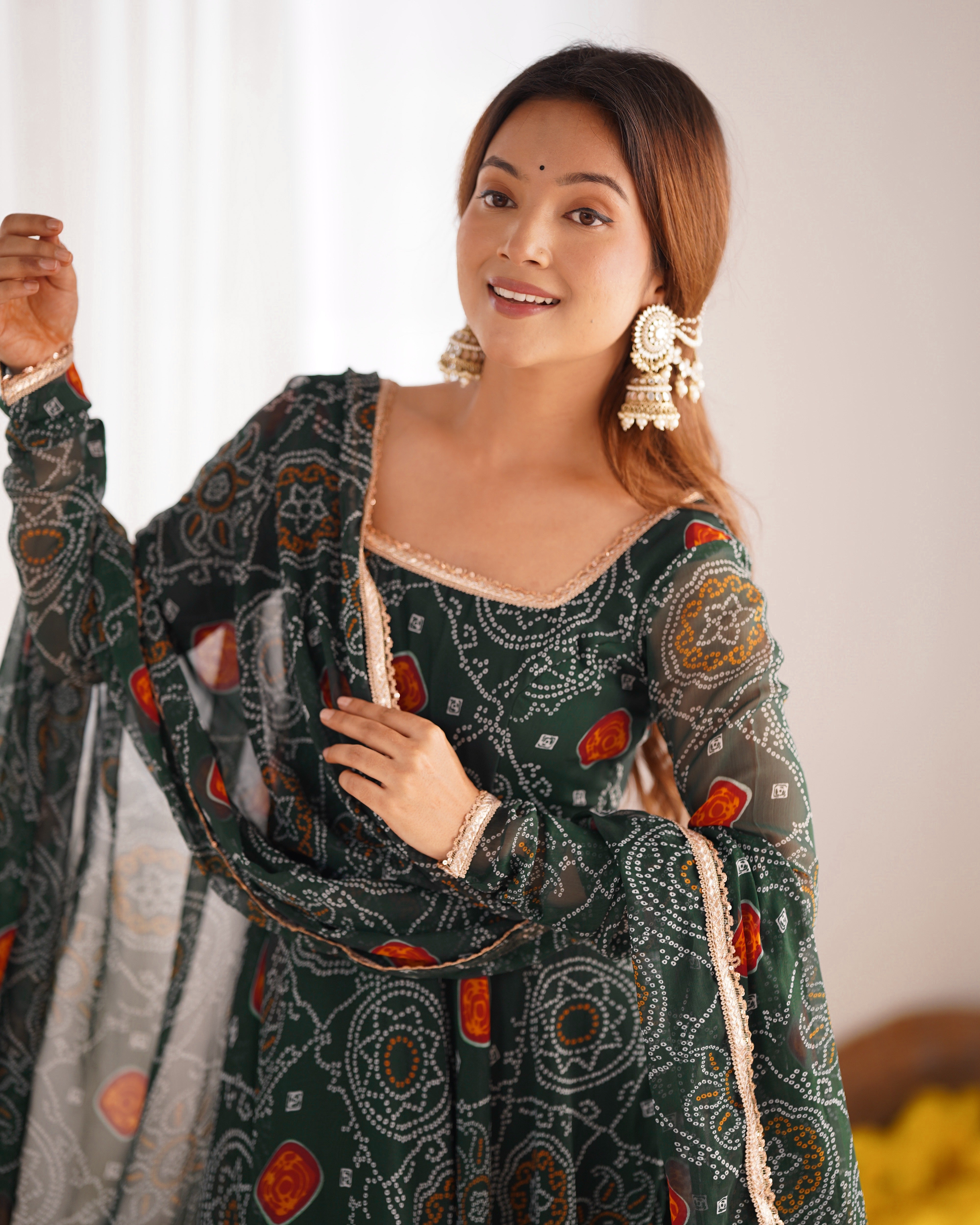 Lightweight Chiffon Bandhej Anarkali Set – 8 Mtr Flair with Lace Dupatta & Cotton Pant