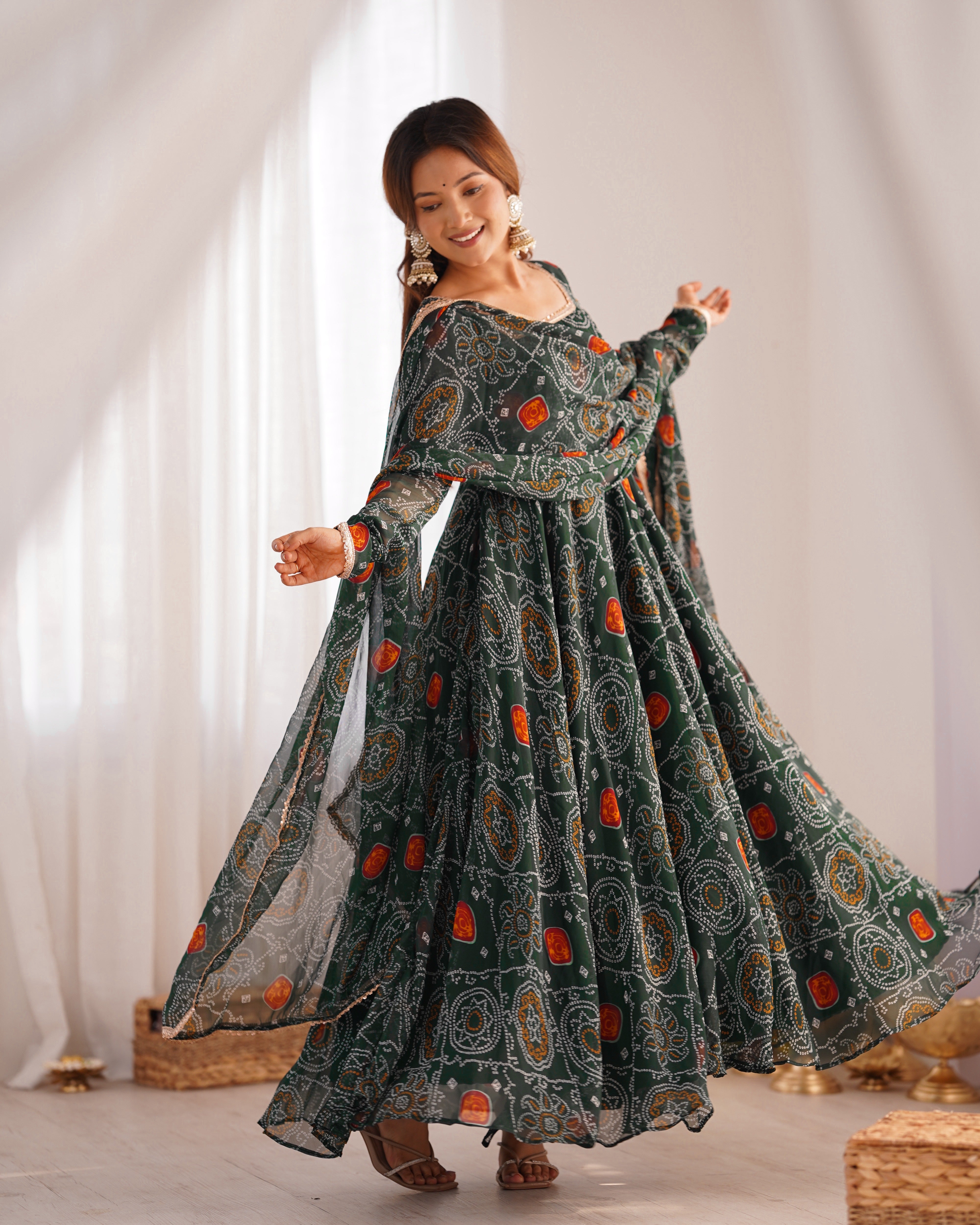 Lightweight Chiffon Bandhej Anarkali Set – 8 Mtr Flair with Lace Dupatta & Cotton Pant