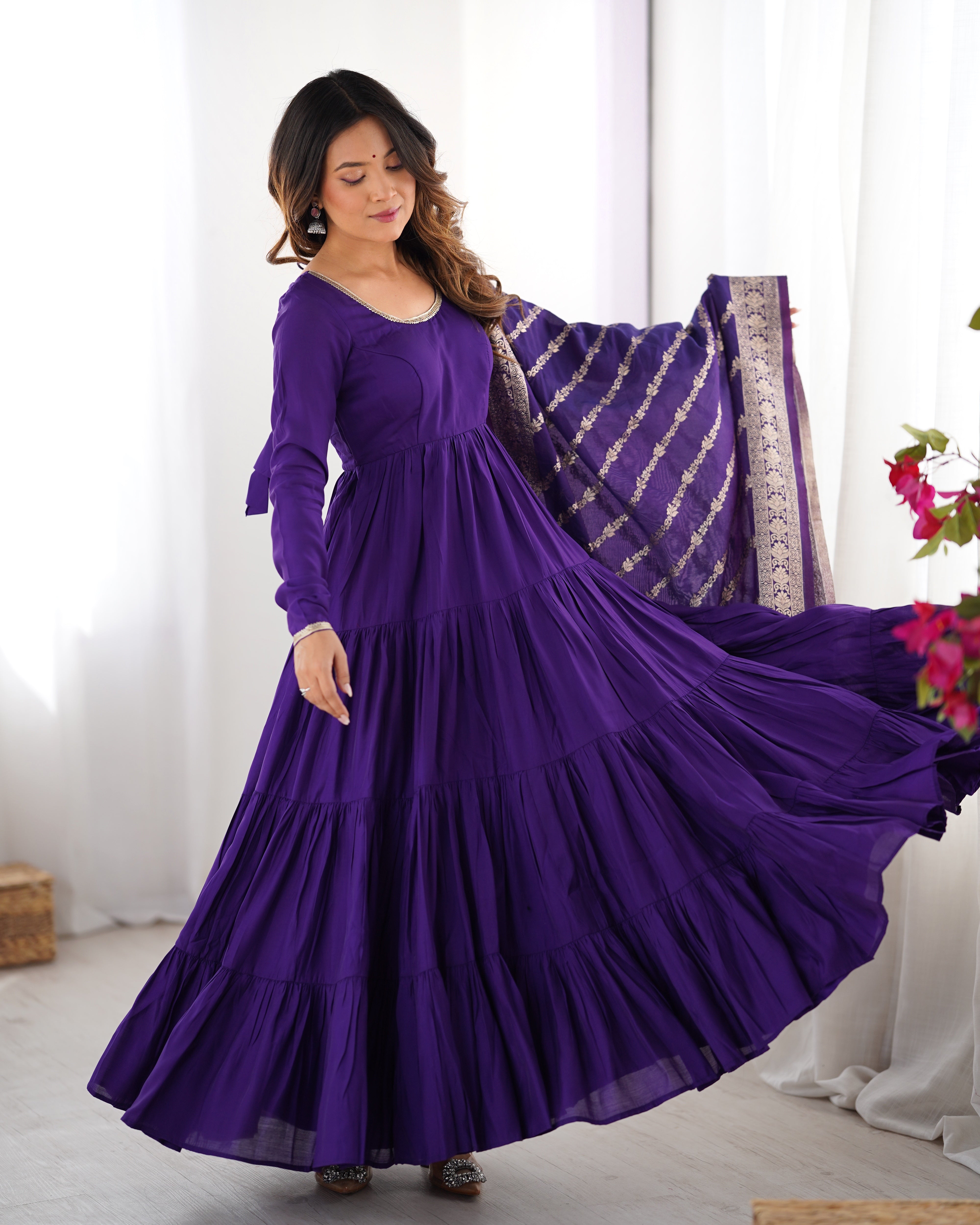 Purple Premium Pure Roman Silk Chanderi Anarkali Set