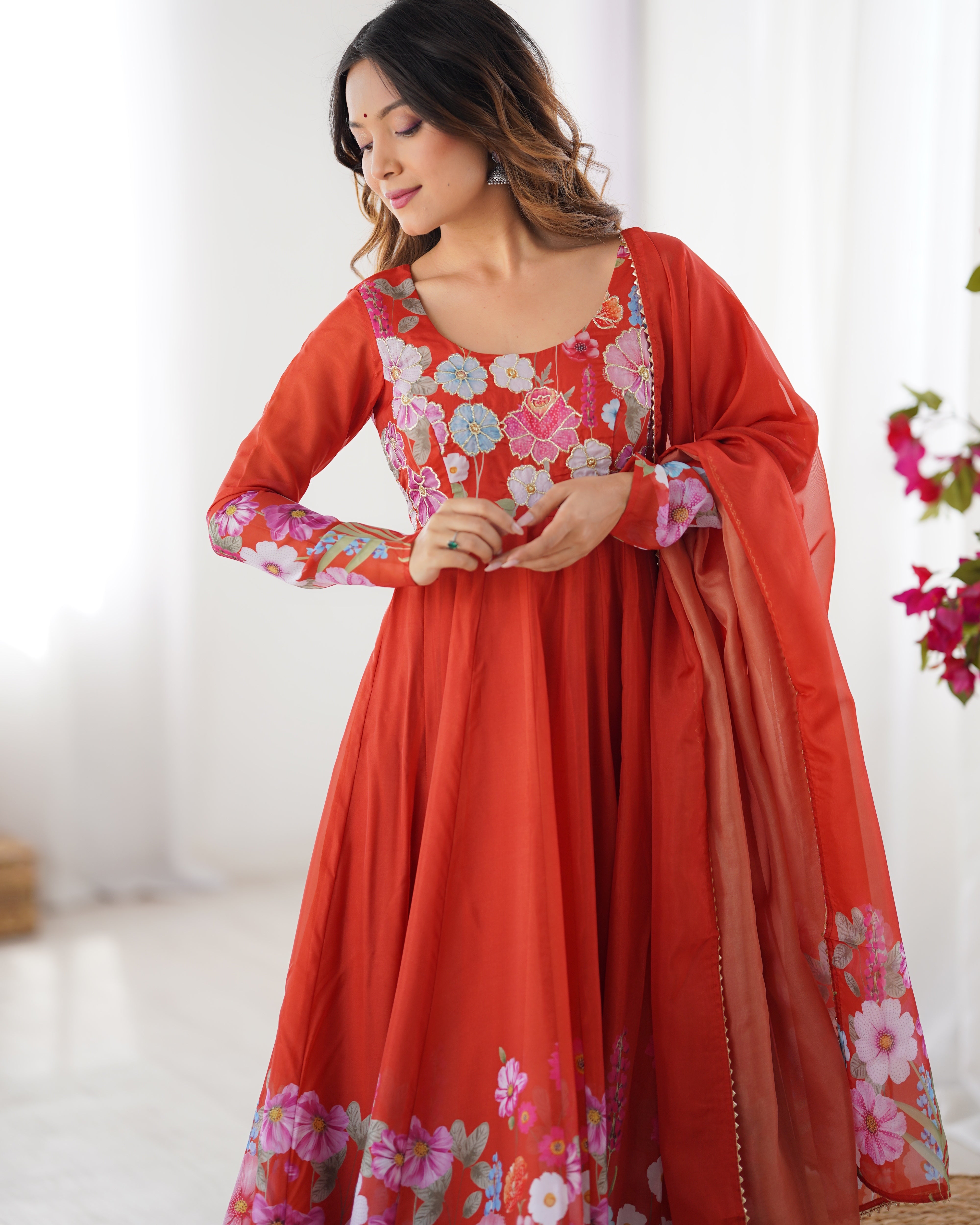 Orange Organza Silk Anarkali Set – 4 Mtr Flair with Gota Patti Dupatta & Cotton Pant