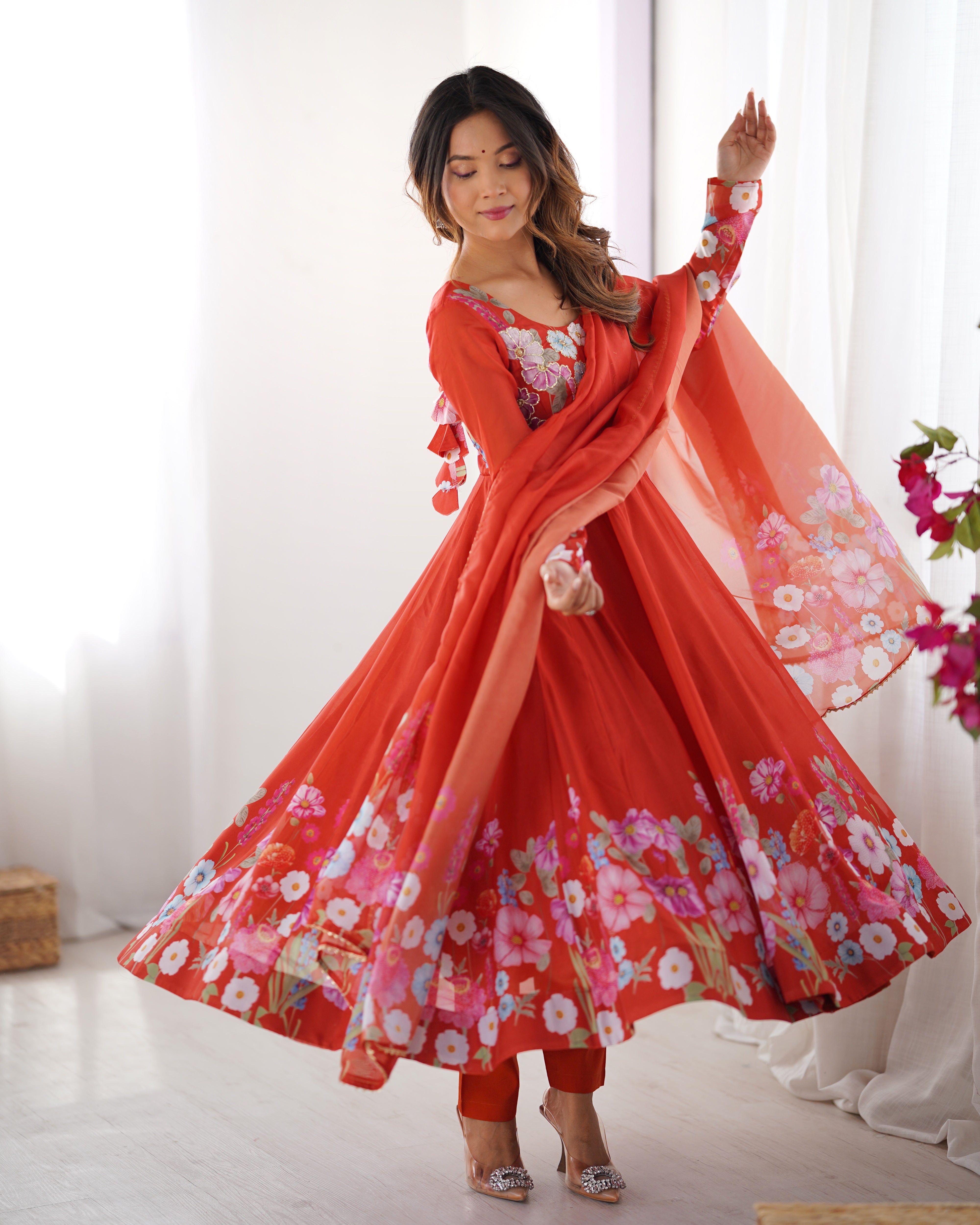 Orange Organza Silk Anarkali Set – 4 Mtr Flair with Gota Patti Dupatta & Cotton Pant