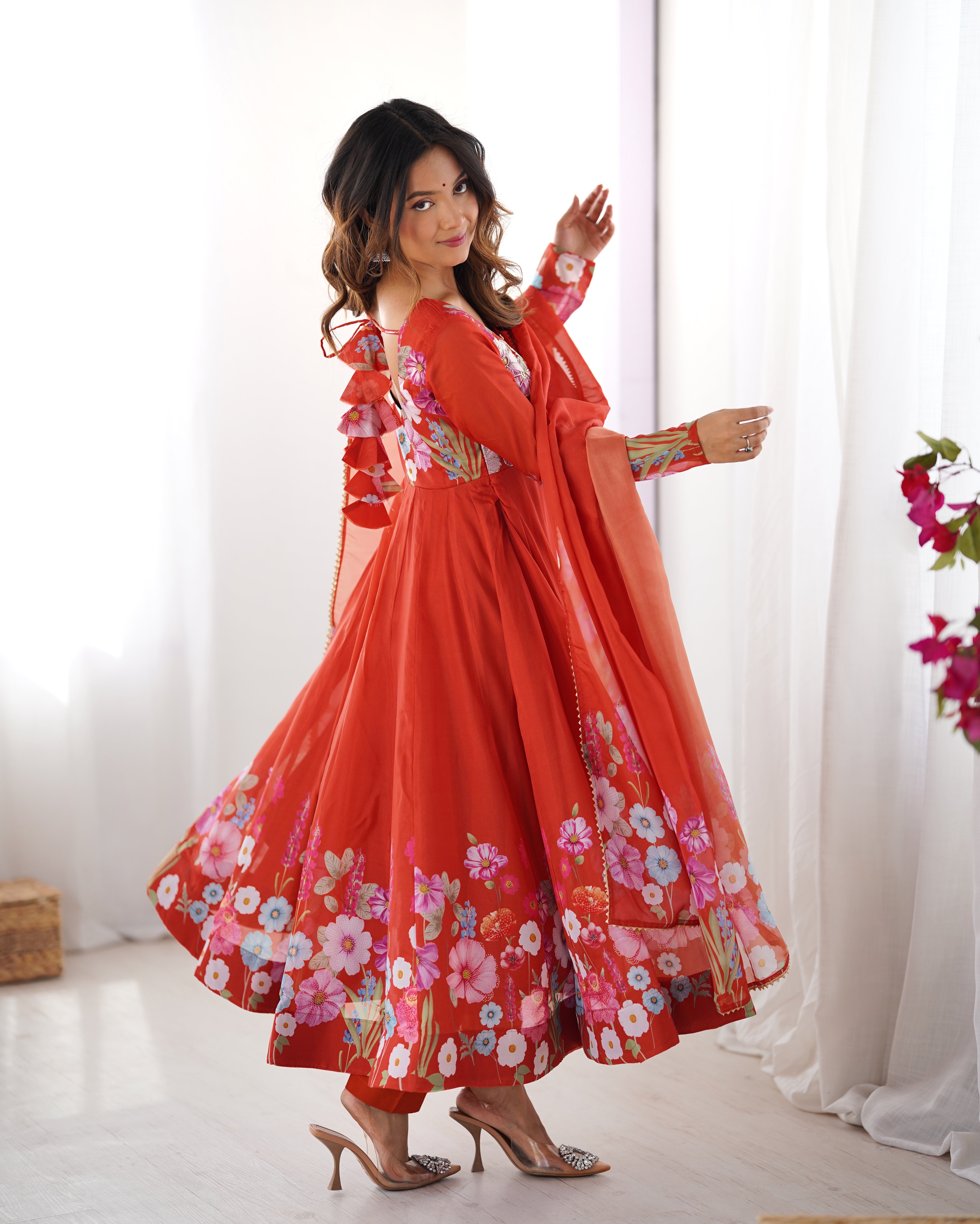 Orange Organza Silk Anarkali Set – 4 Mtr Flair with Gota Patti Dupatta & Cotton Pant