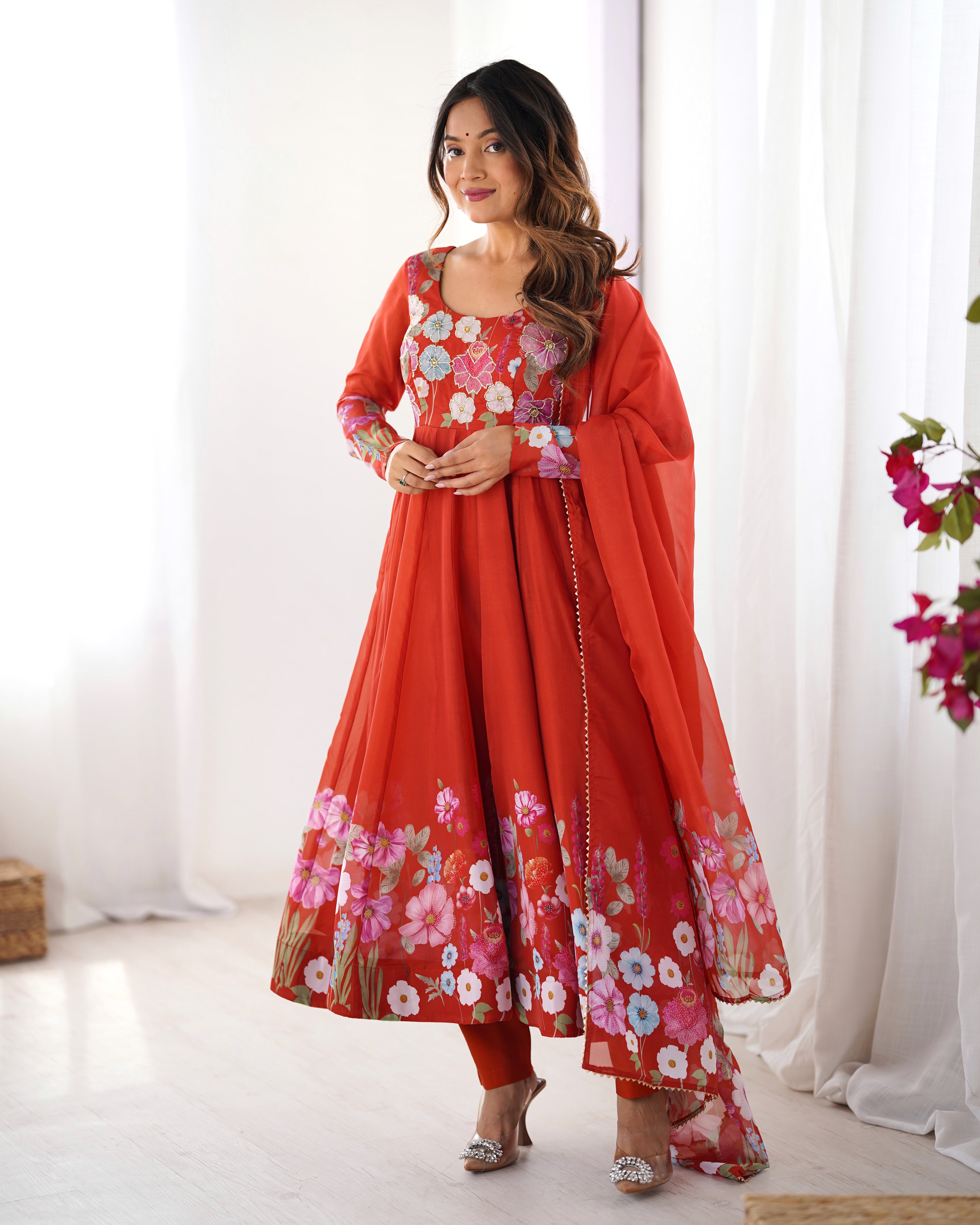Orange Organza Silk Anarkali Set – 4 Mtr Flair with Gota Patti Dupatta & Cotton Pant