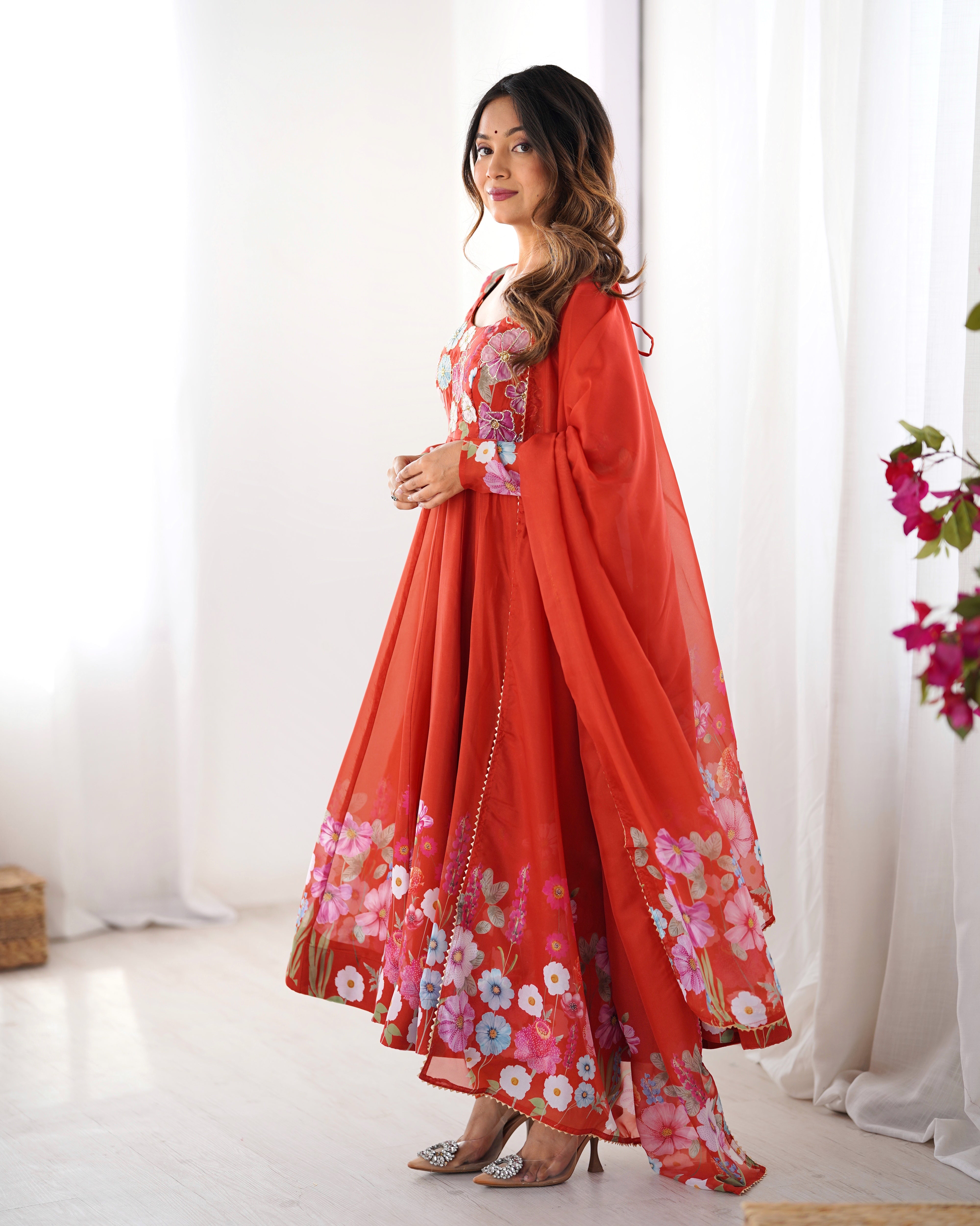 Orange Organza Silk Anarkali Set – 4 Mtr Flair with Gota Patti Dupatta & Cotton Pant
