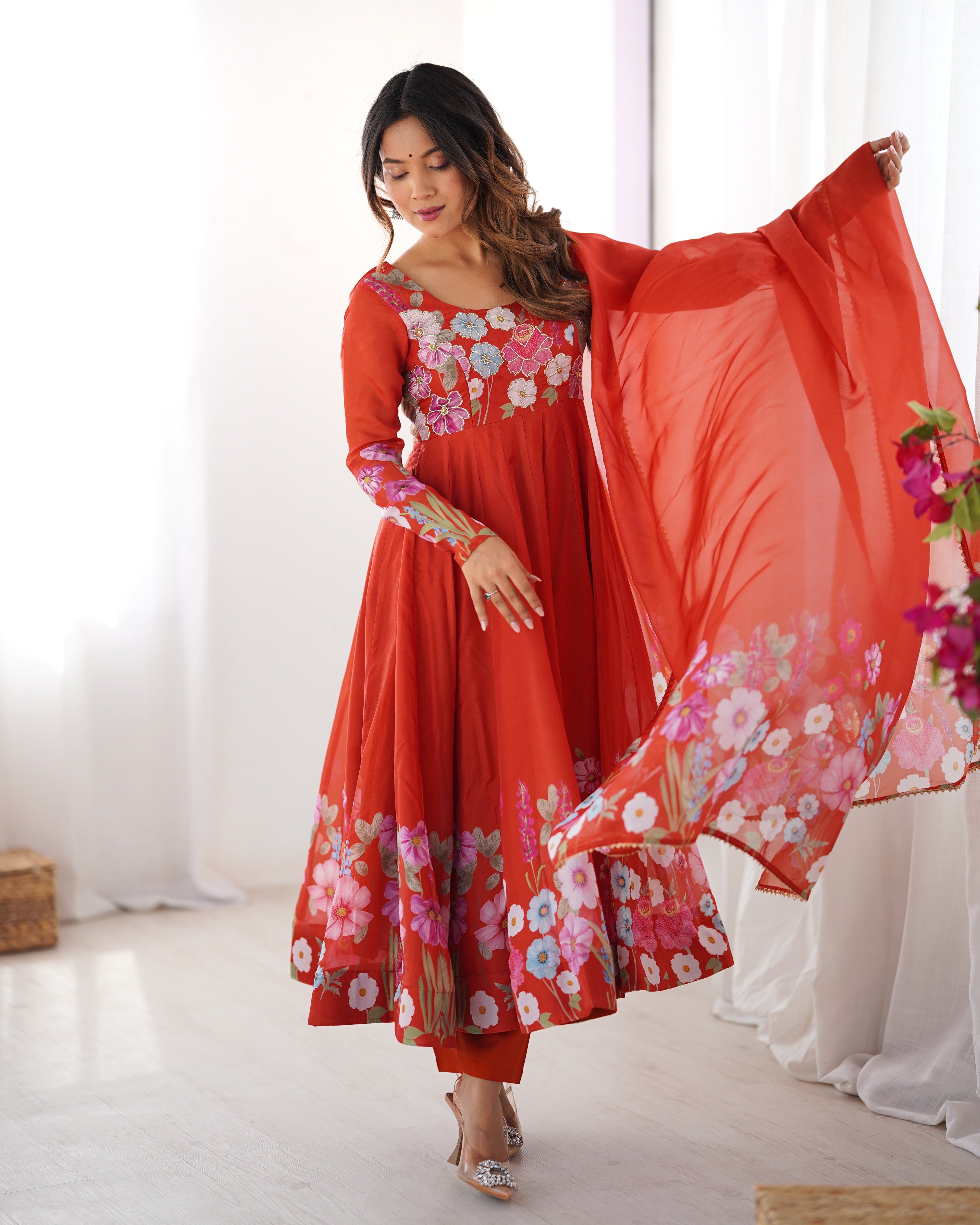 Orange Organza Silk Anarkali Set – 4 Mtr Flair with Gota Patti Dupatta & Cotton Pant