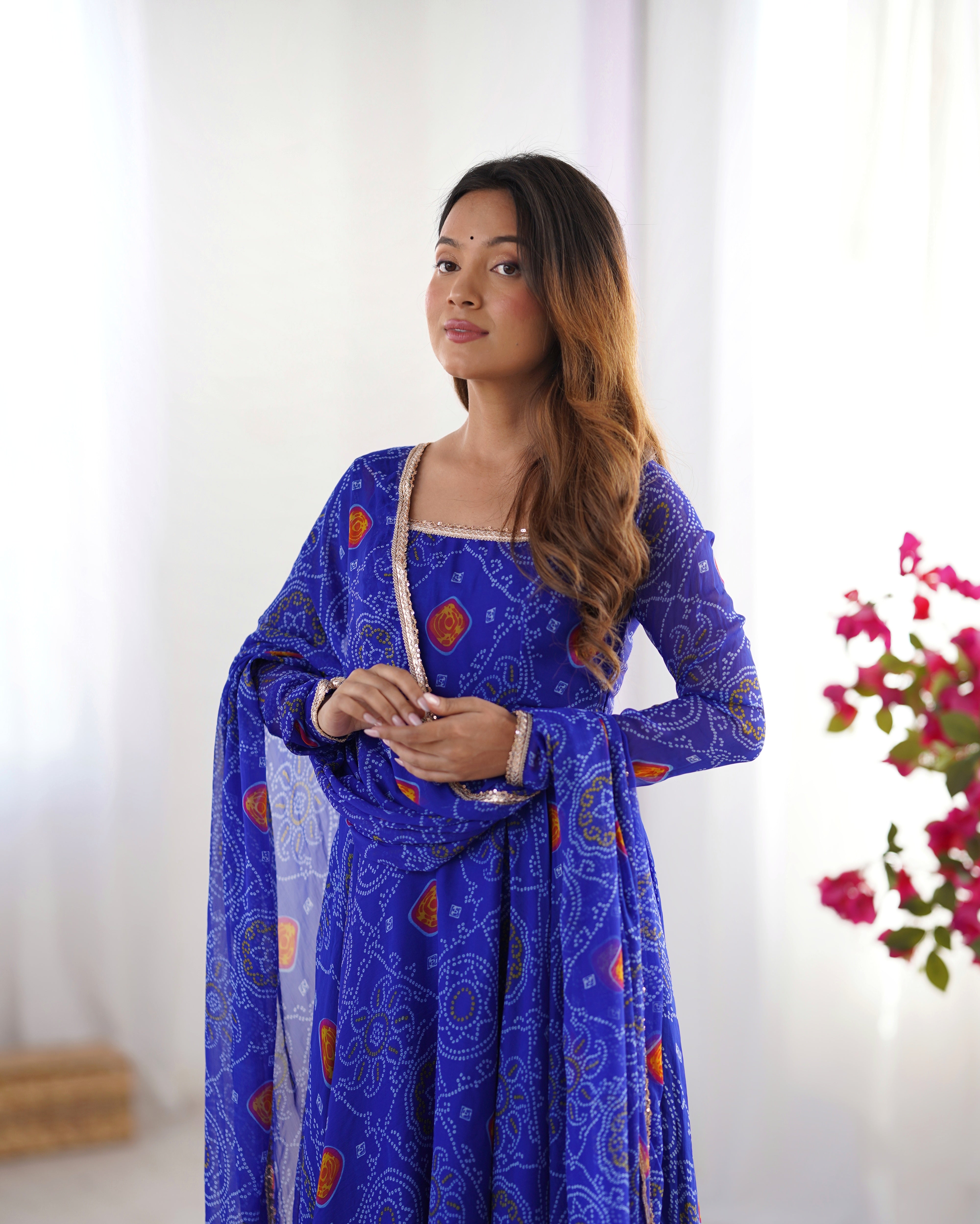 Royal Blue Lightweight Chiffon Bandhej Anarkali Set – 8 Mtr Flair with Lace Dupatta & Cotton Pant