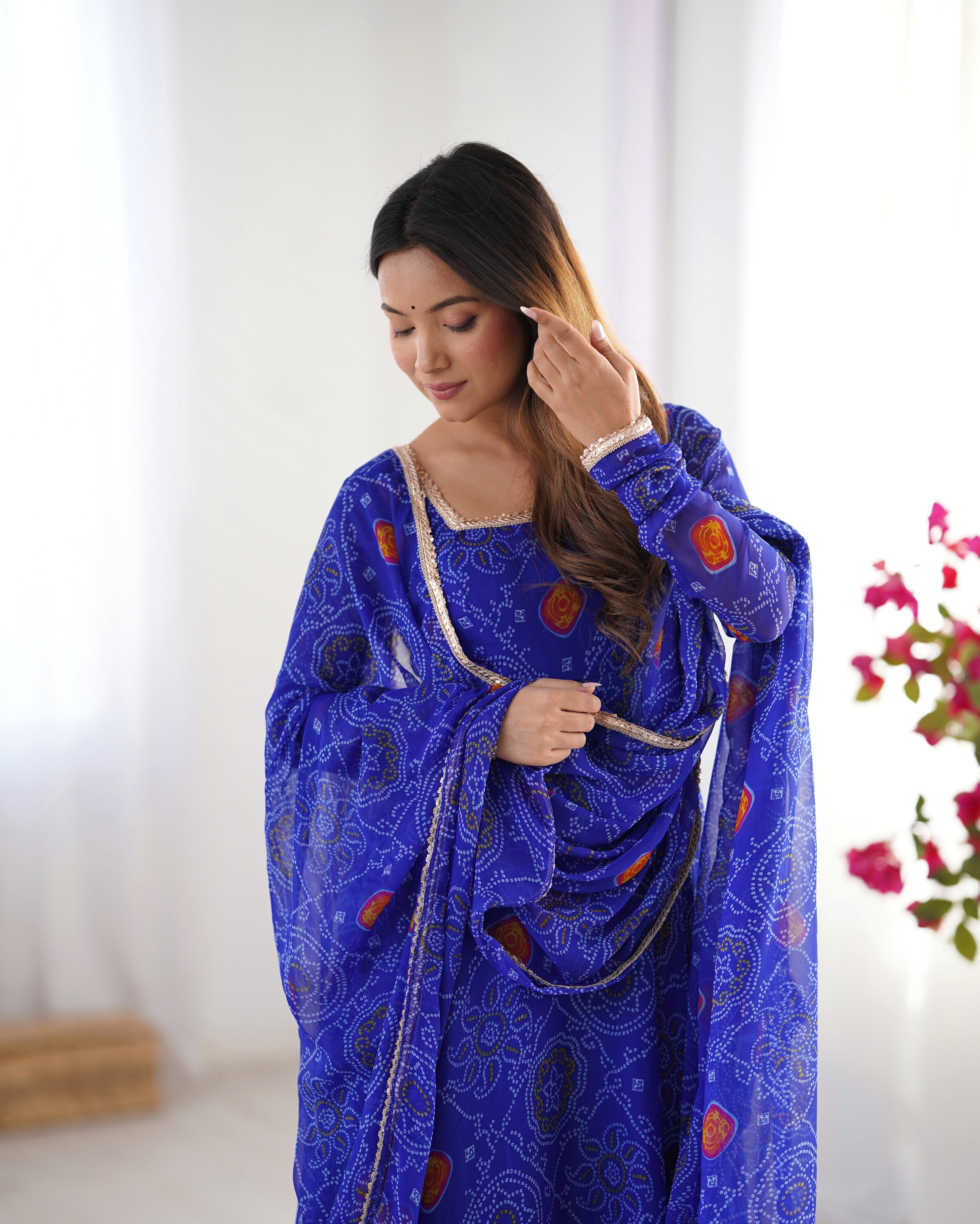 Royal Blue Lightweight Chiffon Bandhej Anarkali Set – 8 Mtr Flair with Lace Dupatta & Cotton Pant