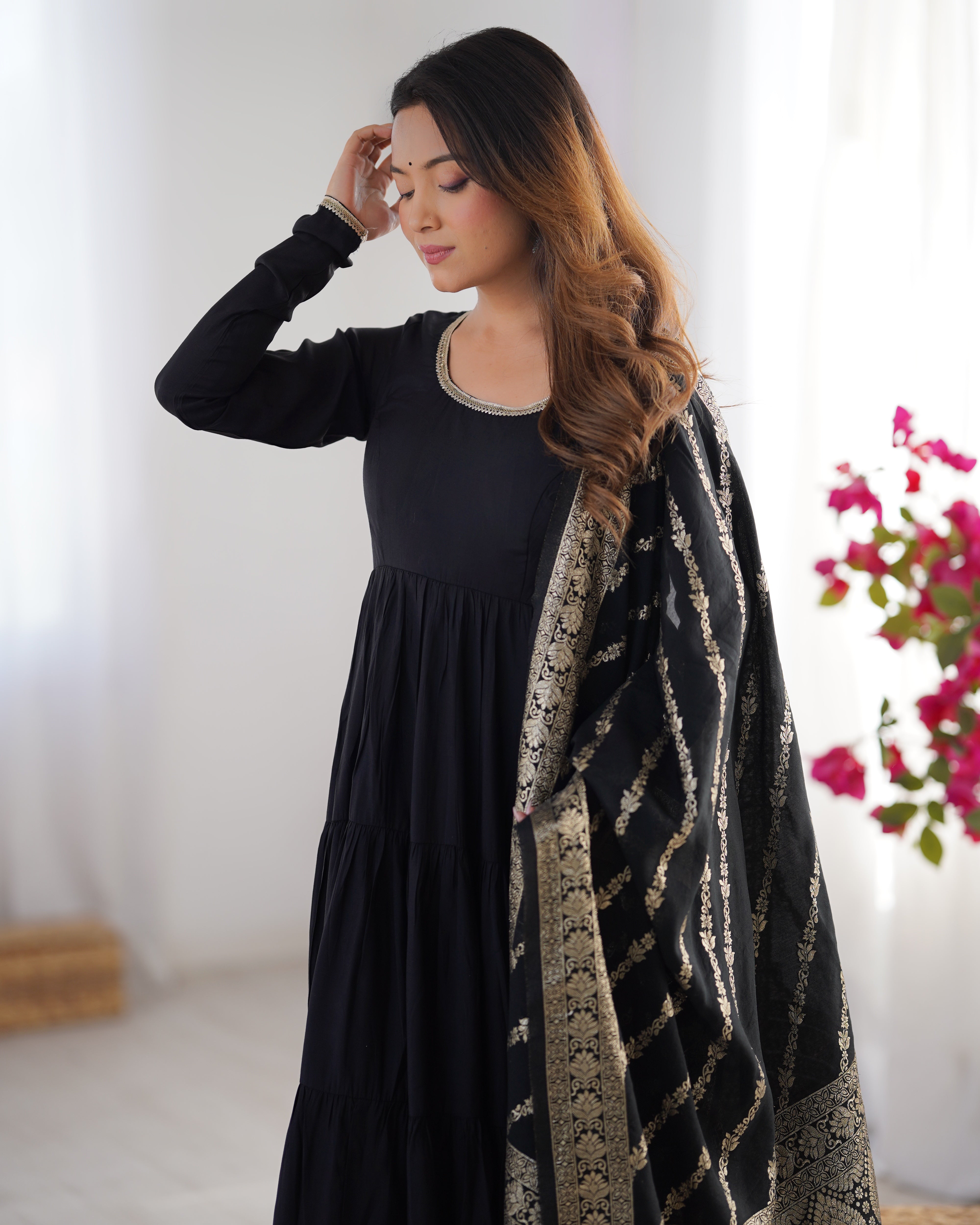 Black Premium Pure Roman Silk Chanderi Anarkali Set