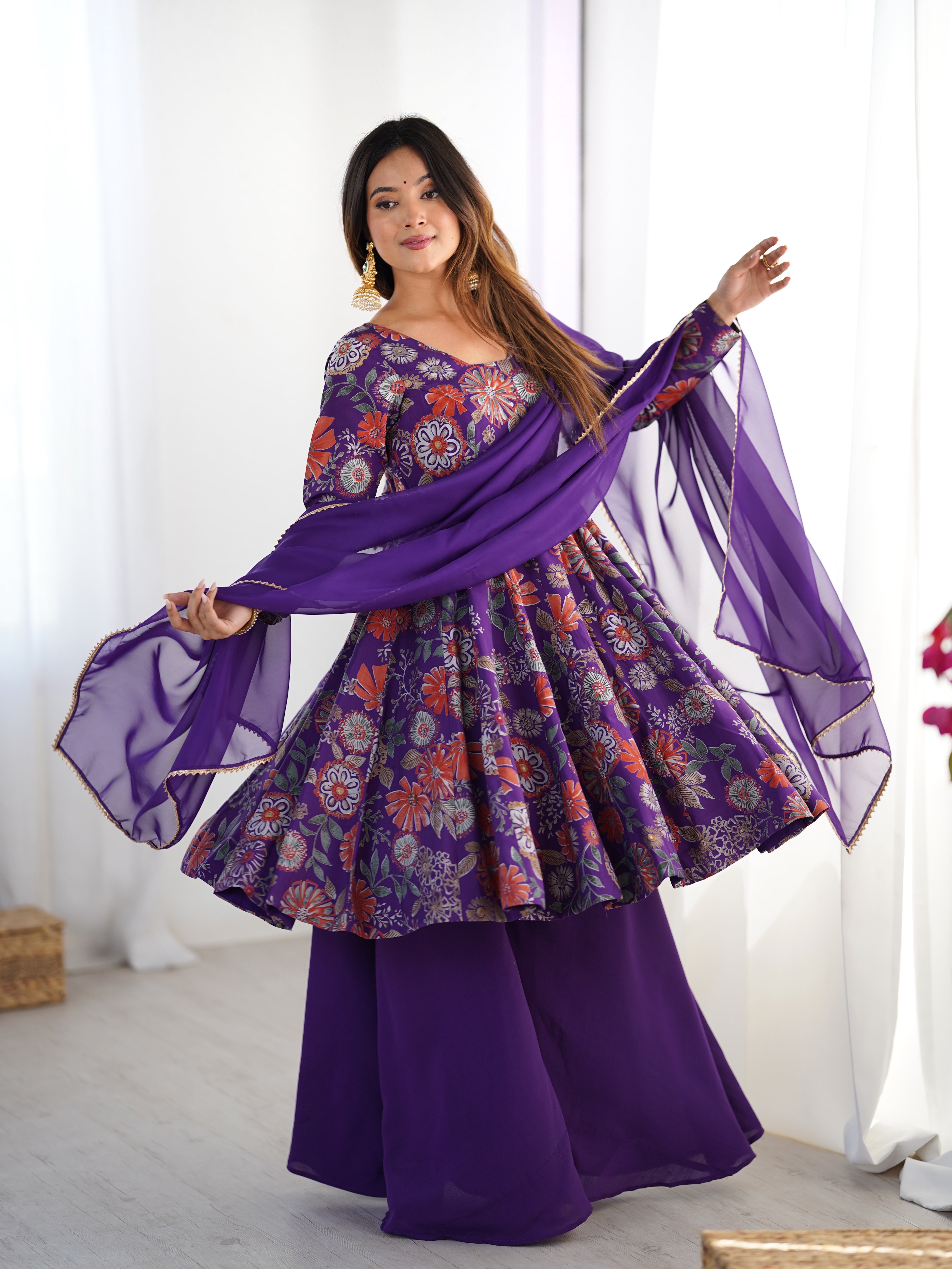 Purple Designer Roman Silk Chanderi Kediya Kurta Set – 4 Mtr Flair with Organza Dupatta & Palazzo
