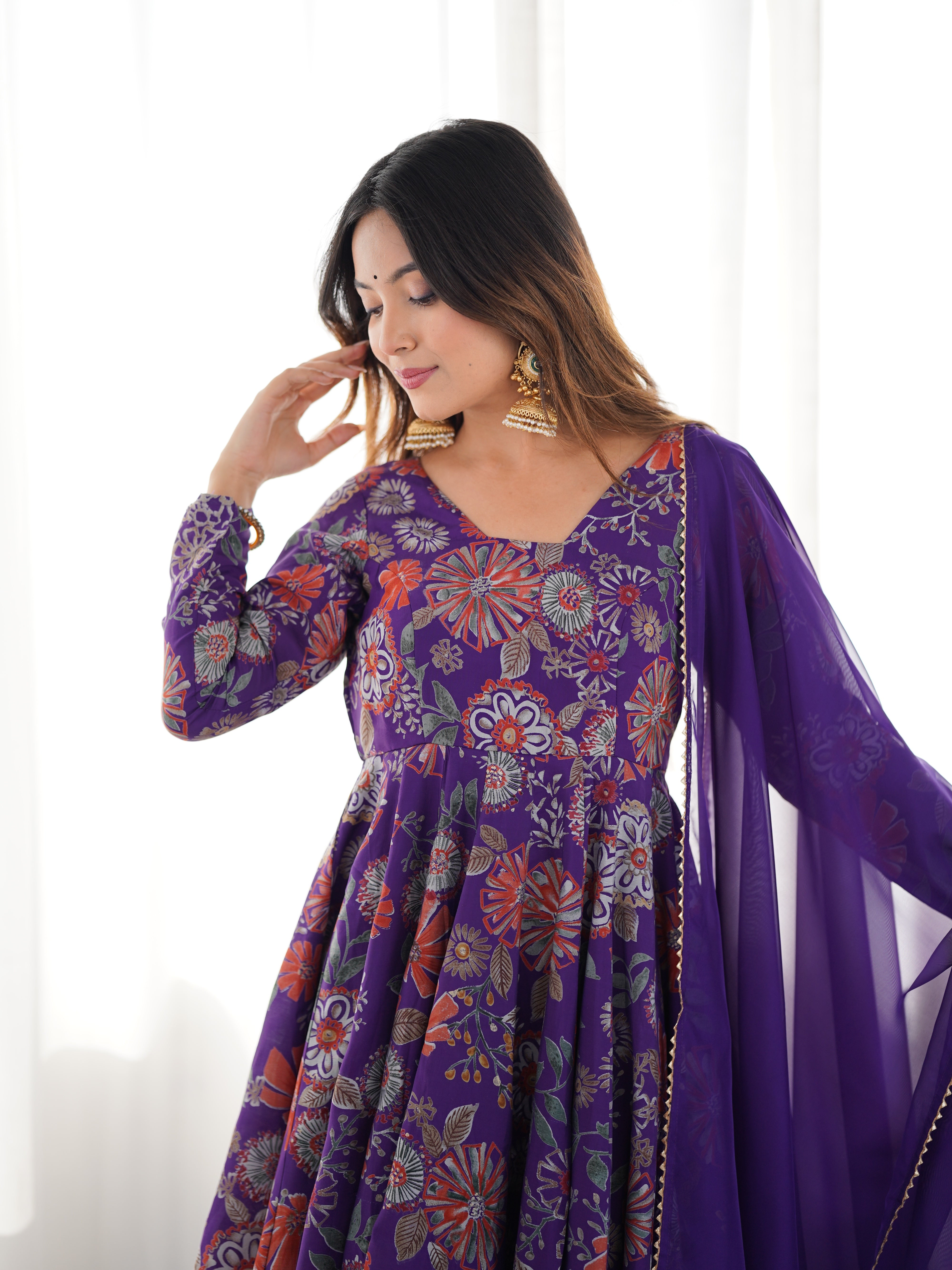 Purple Designer Roman Silk Chanderi Kediya Kurta Set – 4 Mtr Flair with Organza Dupatta & Palazzo