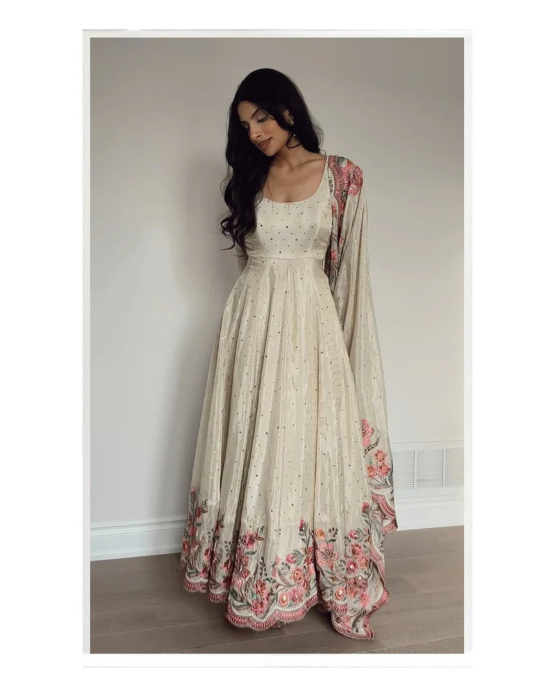 White New Heavy Pure Vichitra Silk Designer Anarkali Suit