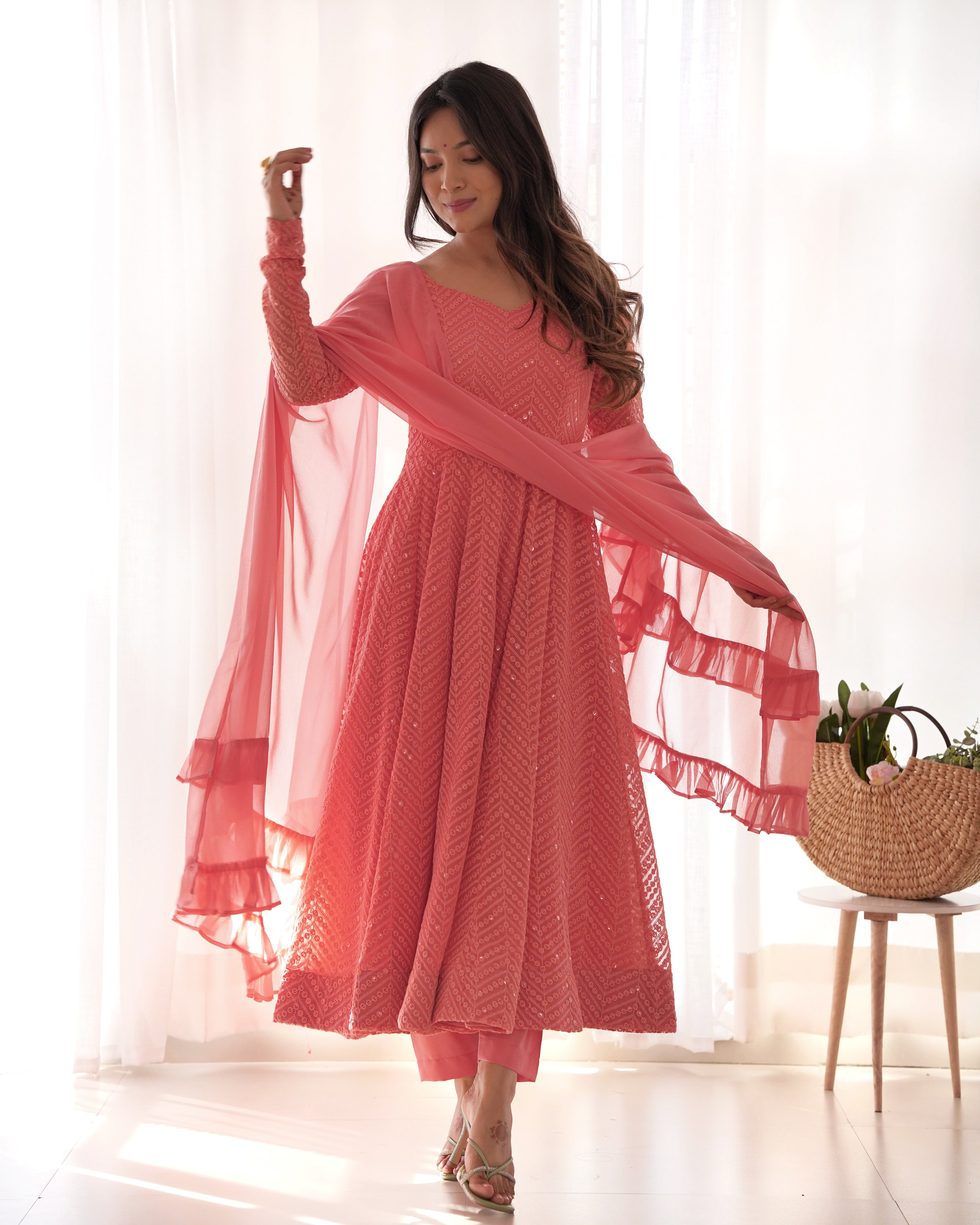 New Partywear Designer Premium Fox Georgette with Lucknowi Sequence Work Anarkali Set