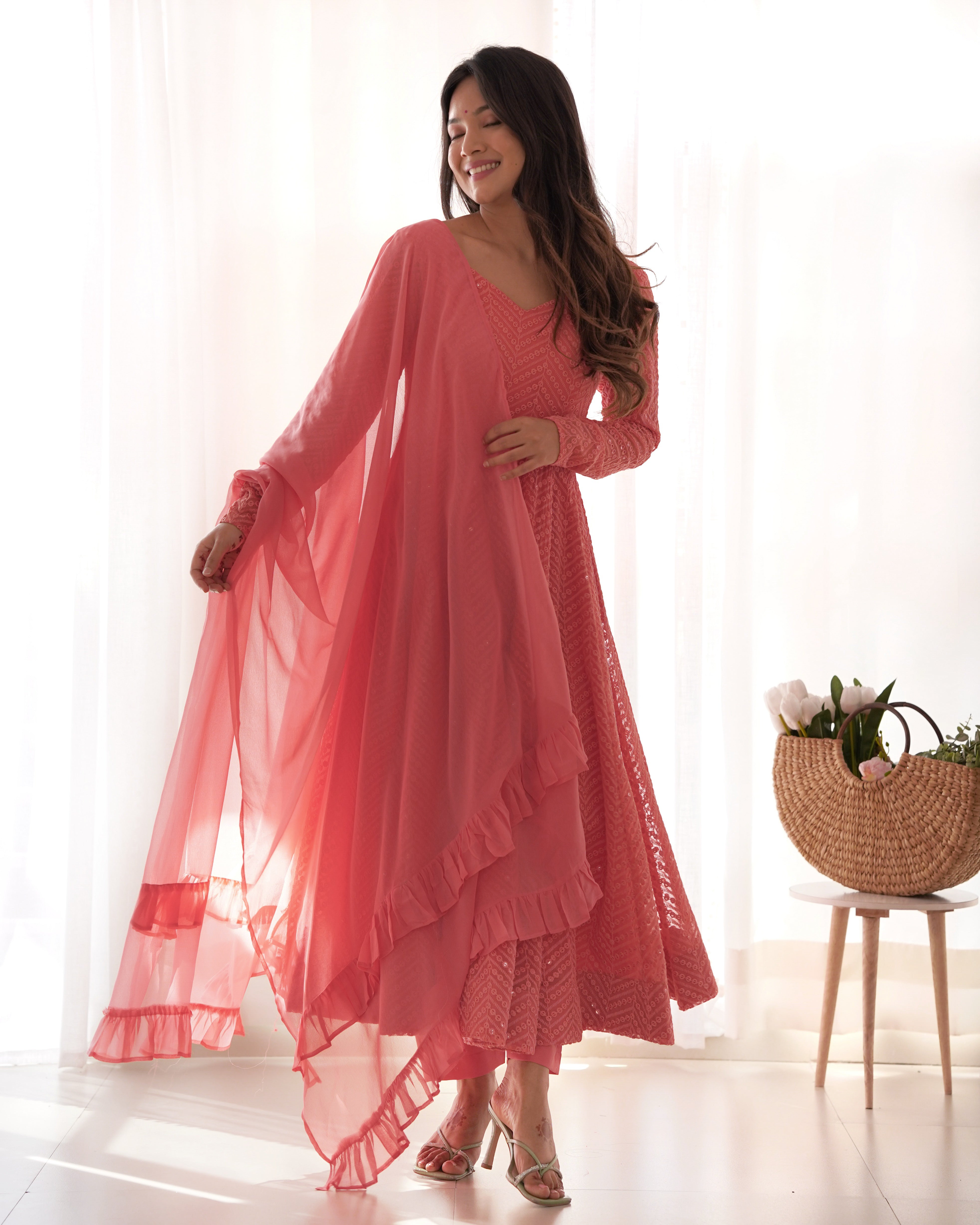 New Partywear Designer Premium Fox Georgette with Lucknowi Sequence Work Anarkali Set