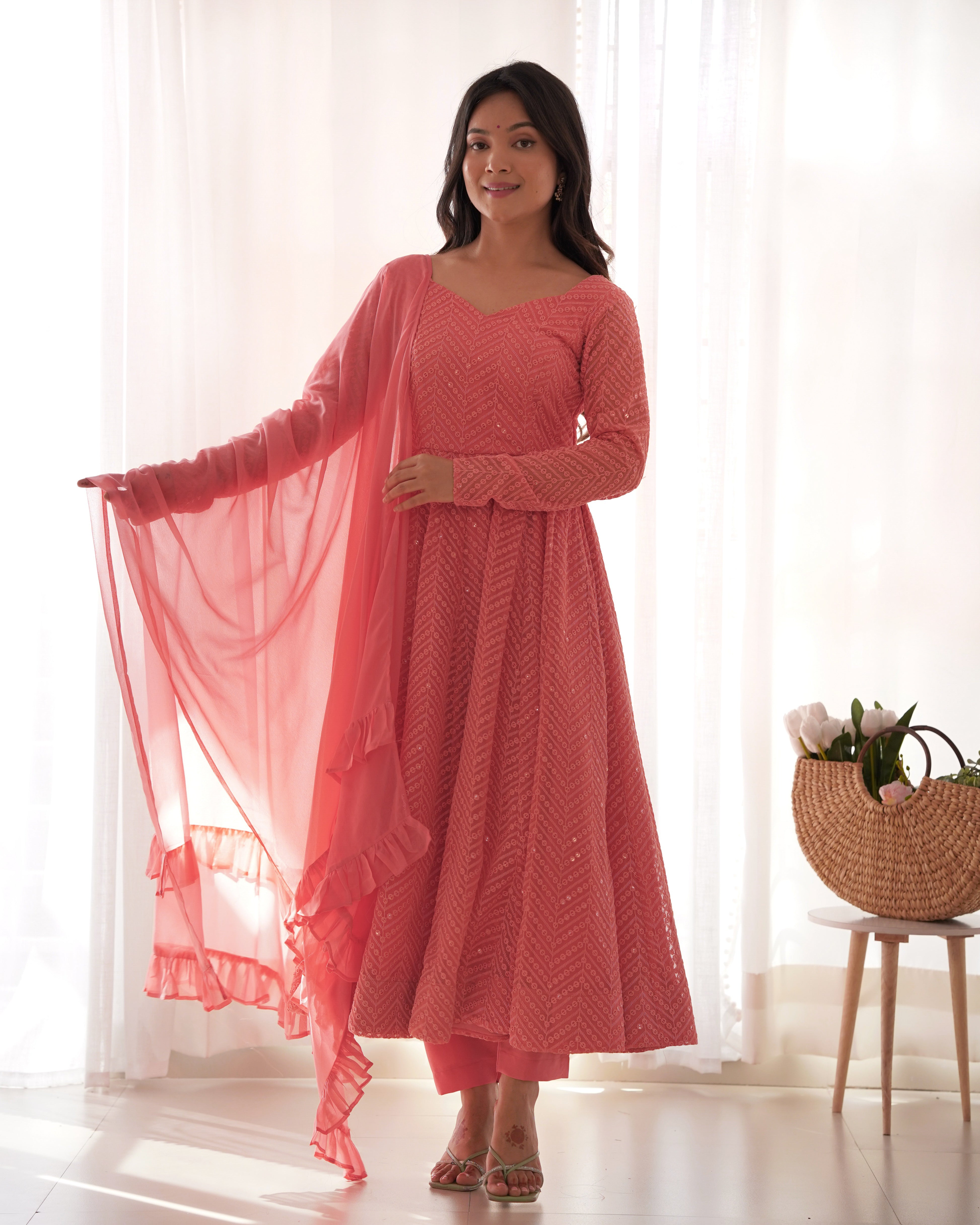New Partywear Designer Premium Fox Georgette with Lucknowi Sequence Work Anarkali Set
