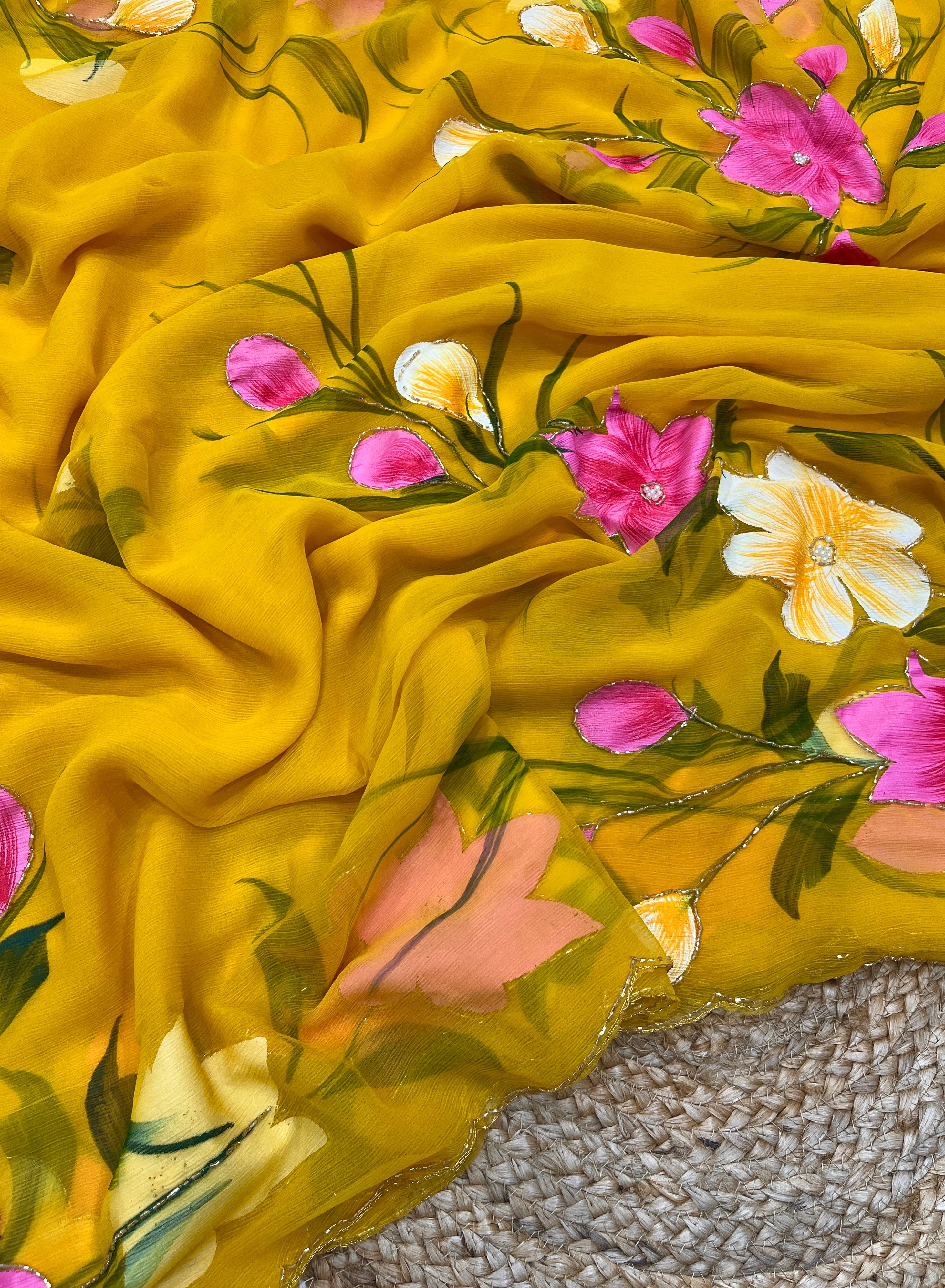 New Party Wear Yellow Colour Soft Pure Chiffon Handbrush Print n Handwork Fancy Designer Saree for Women