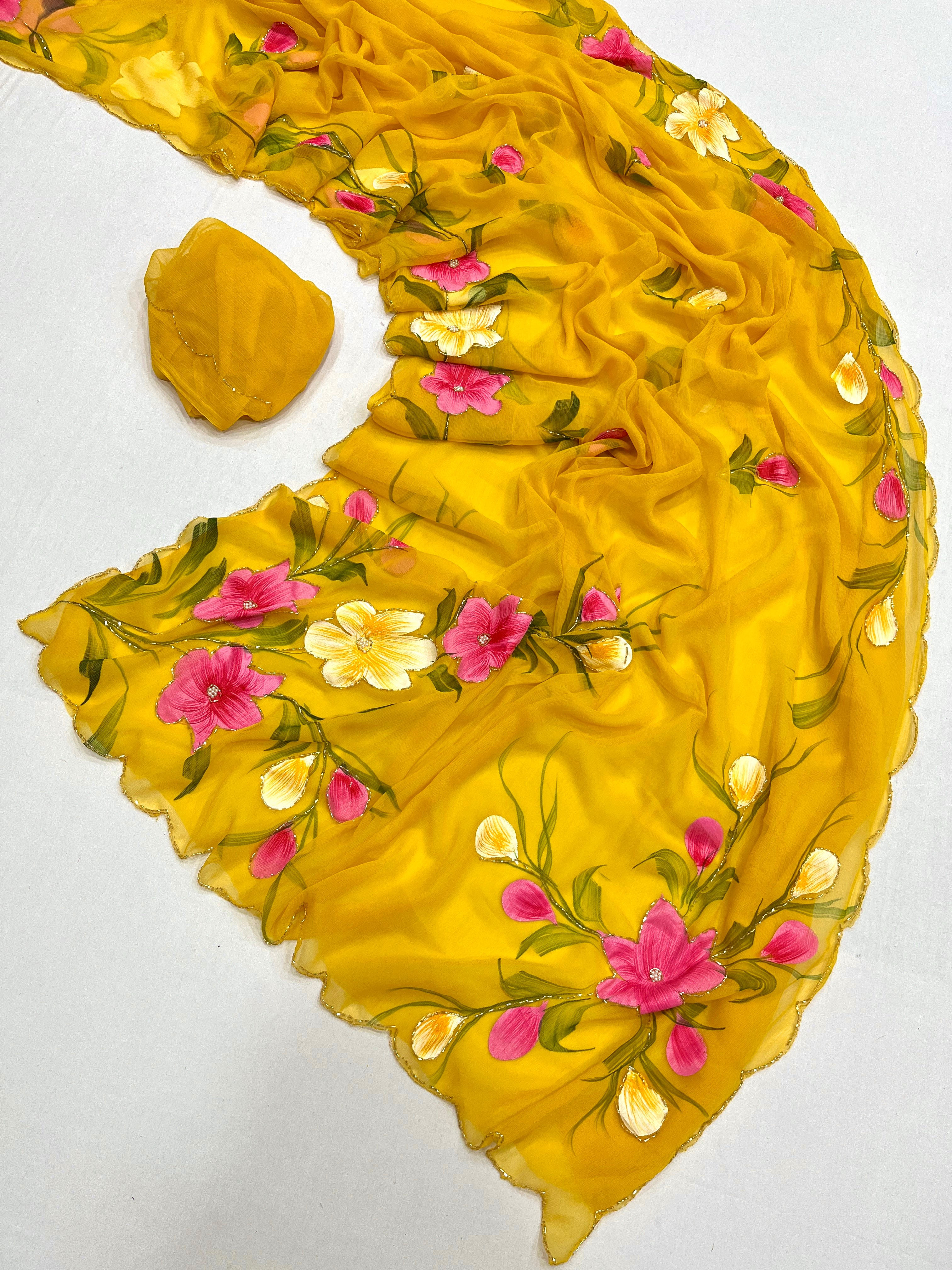 New Party Wear Yellow Colour Soft Pure Chiffon Handbrush Print n Handwork Fancy Designer Saree for Women