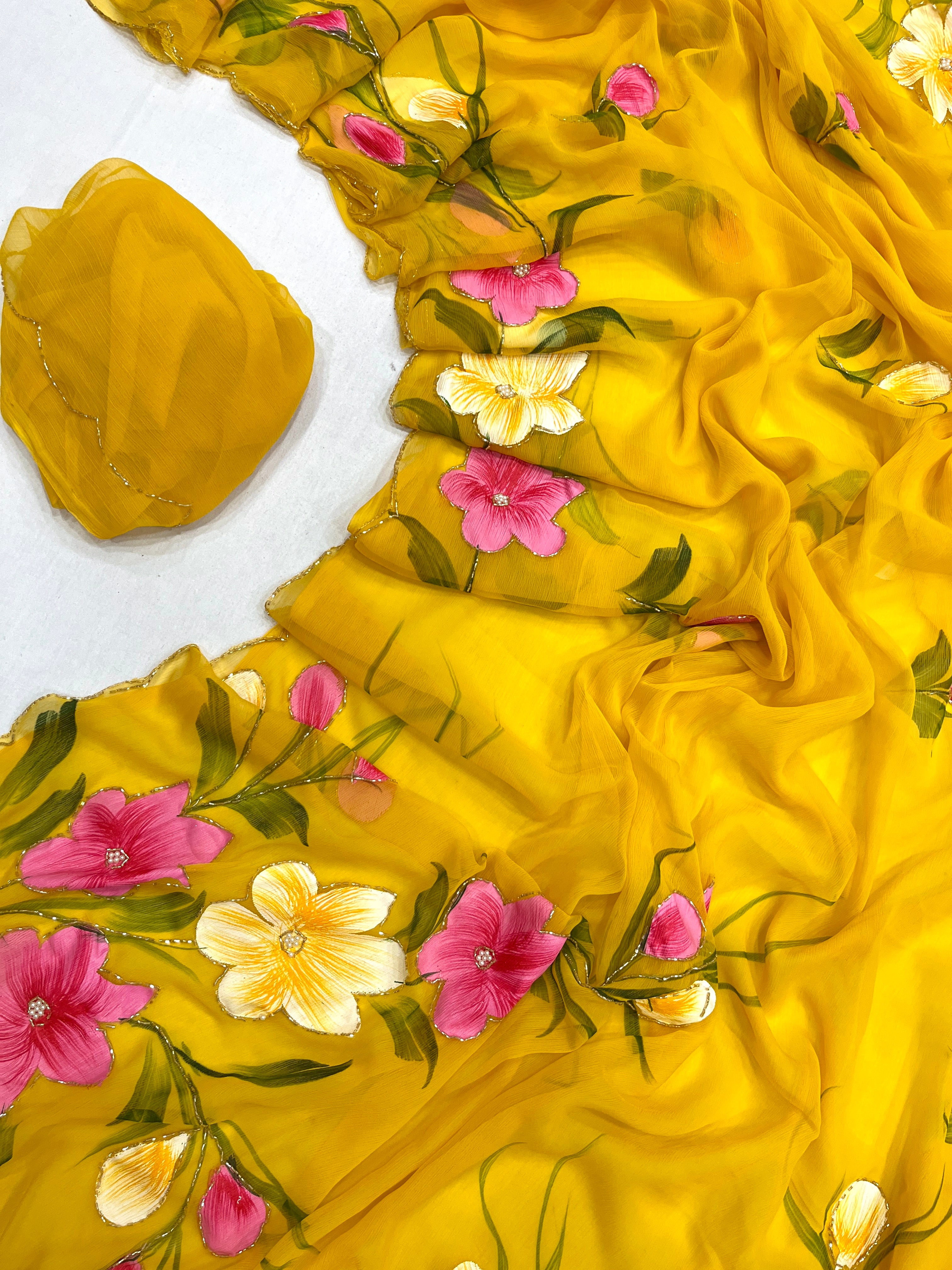 New Party Wear Yellow Colour Soft Pure Chiffon Handbrush Print n Handwork Fancy Designer Saree for Women