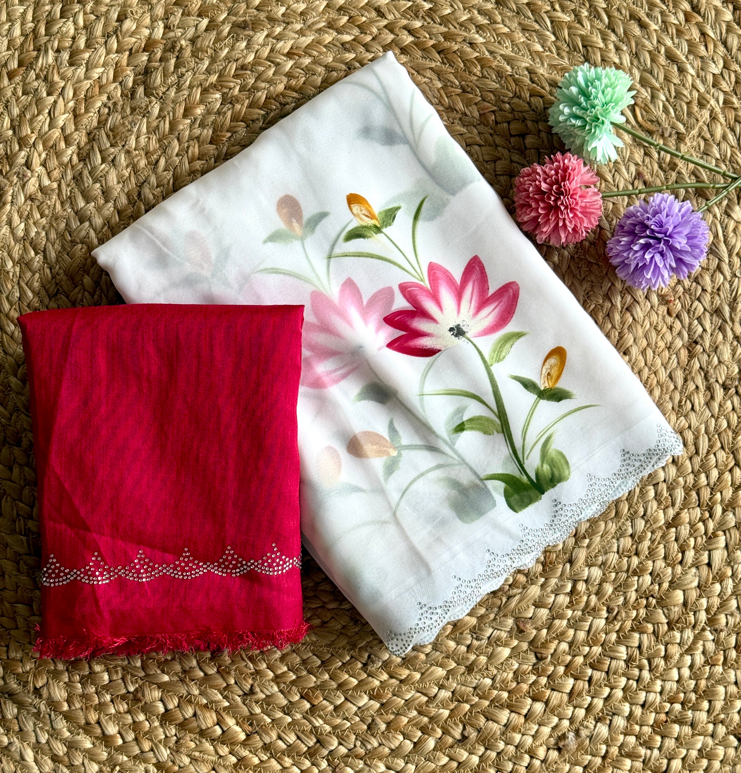White Color Function Wear Soft Georgette Handbrush Print With Siroski Cut Work Fancy Designer Saree
