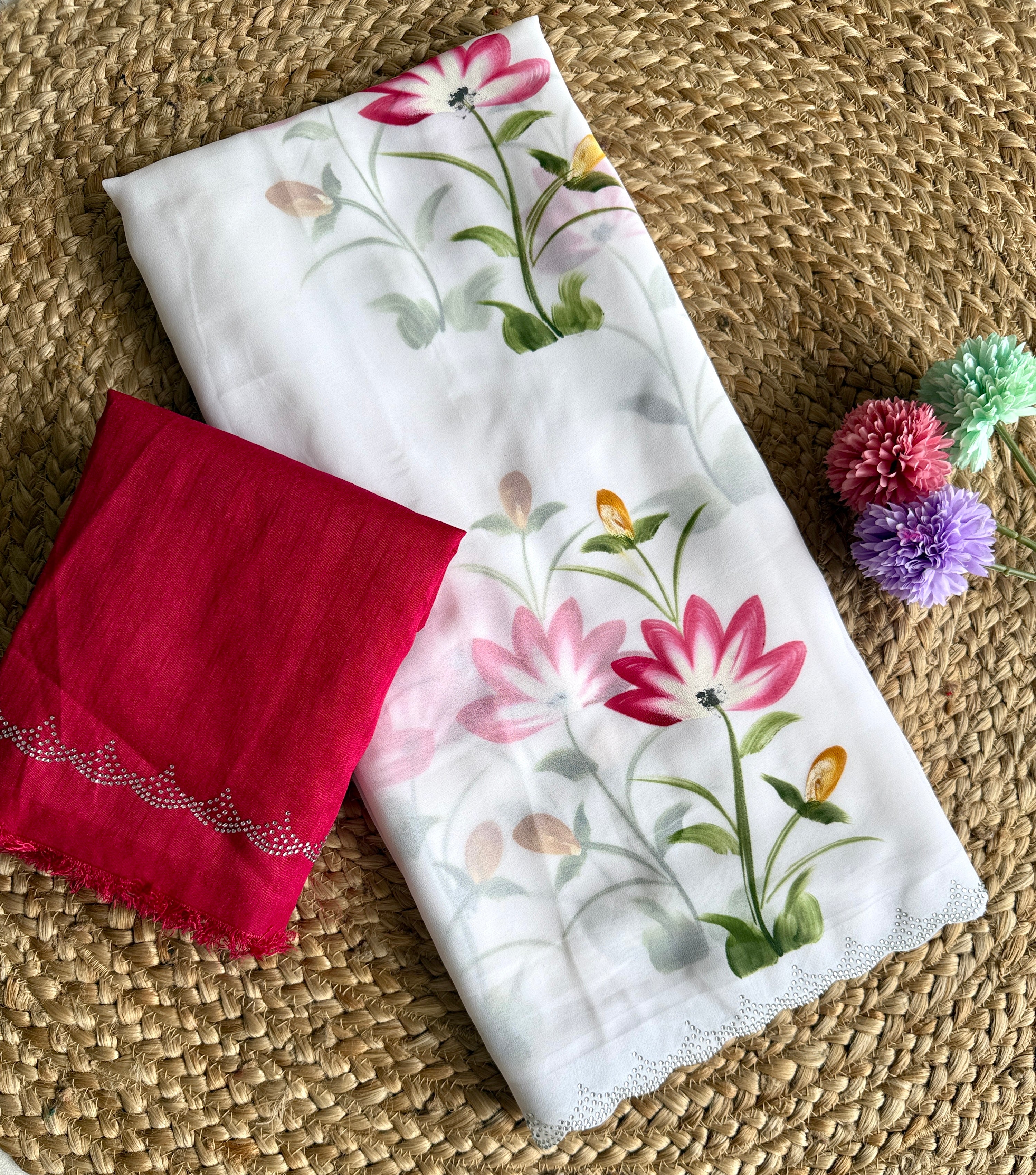 White Color Function Wear Soft Georgette Handbrush Print With Siroski Cut Work Fancy Designer Saree