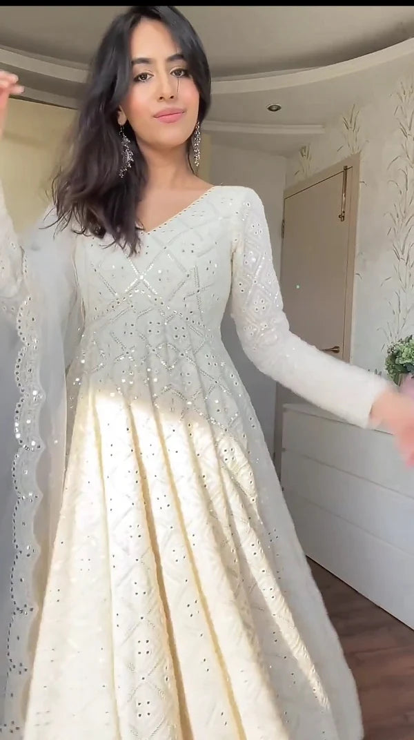 White Designer Lakhnavi Embroidered Work Anarkali Suit Set