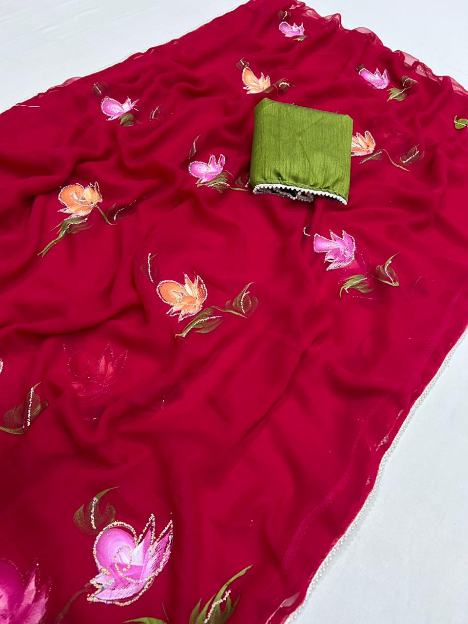 New Soft Chiffon Fabric With Beautiful Floral Handbrush Print With Golden Foil Touchup With White Pearl Lace And Contrast Art Silk Blouse
