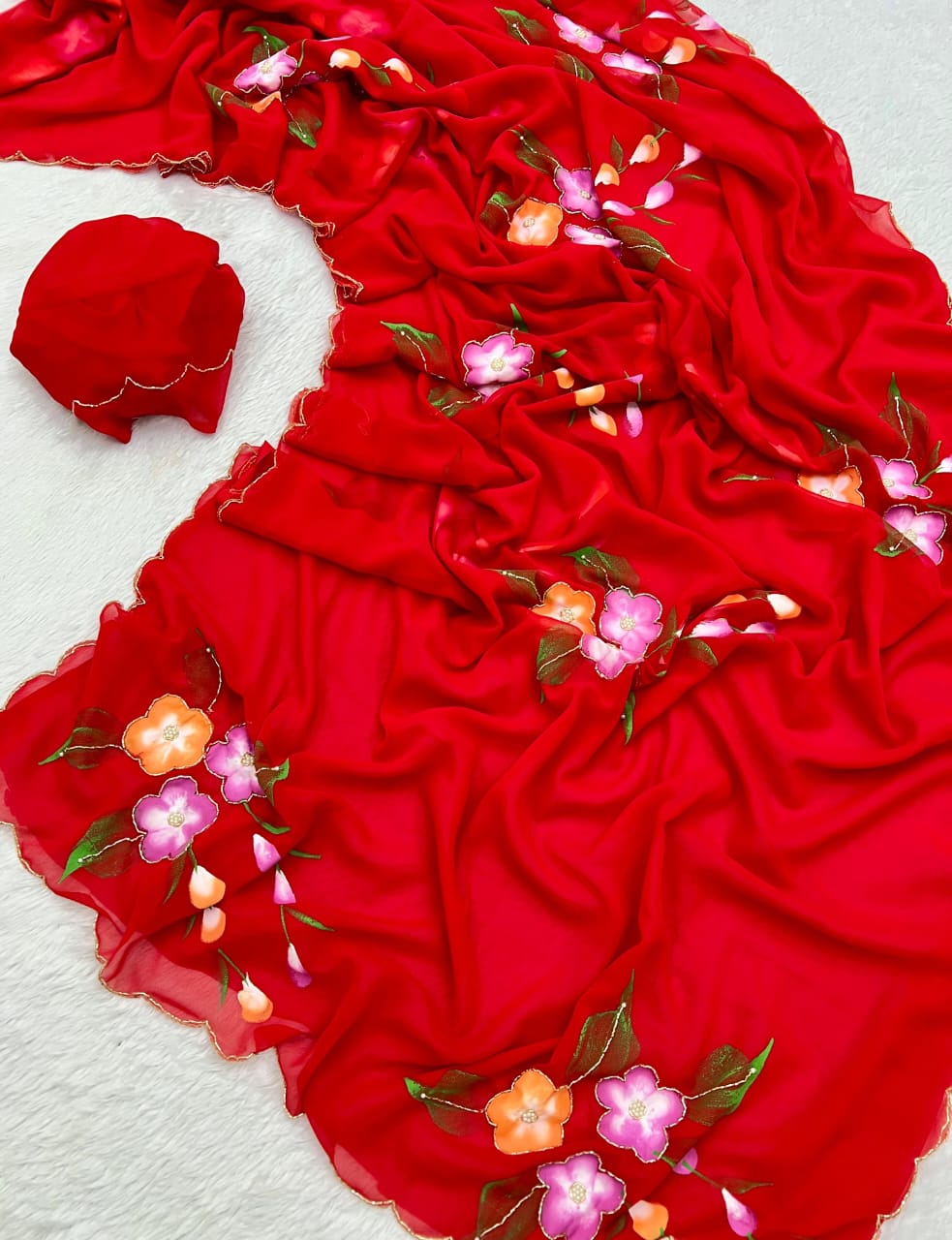 New Partywear Pure Georgette Handwork Saree – Floral Handbrush & Khatli Work
