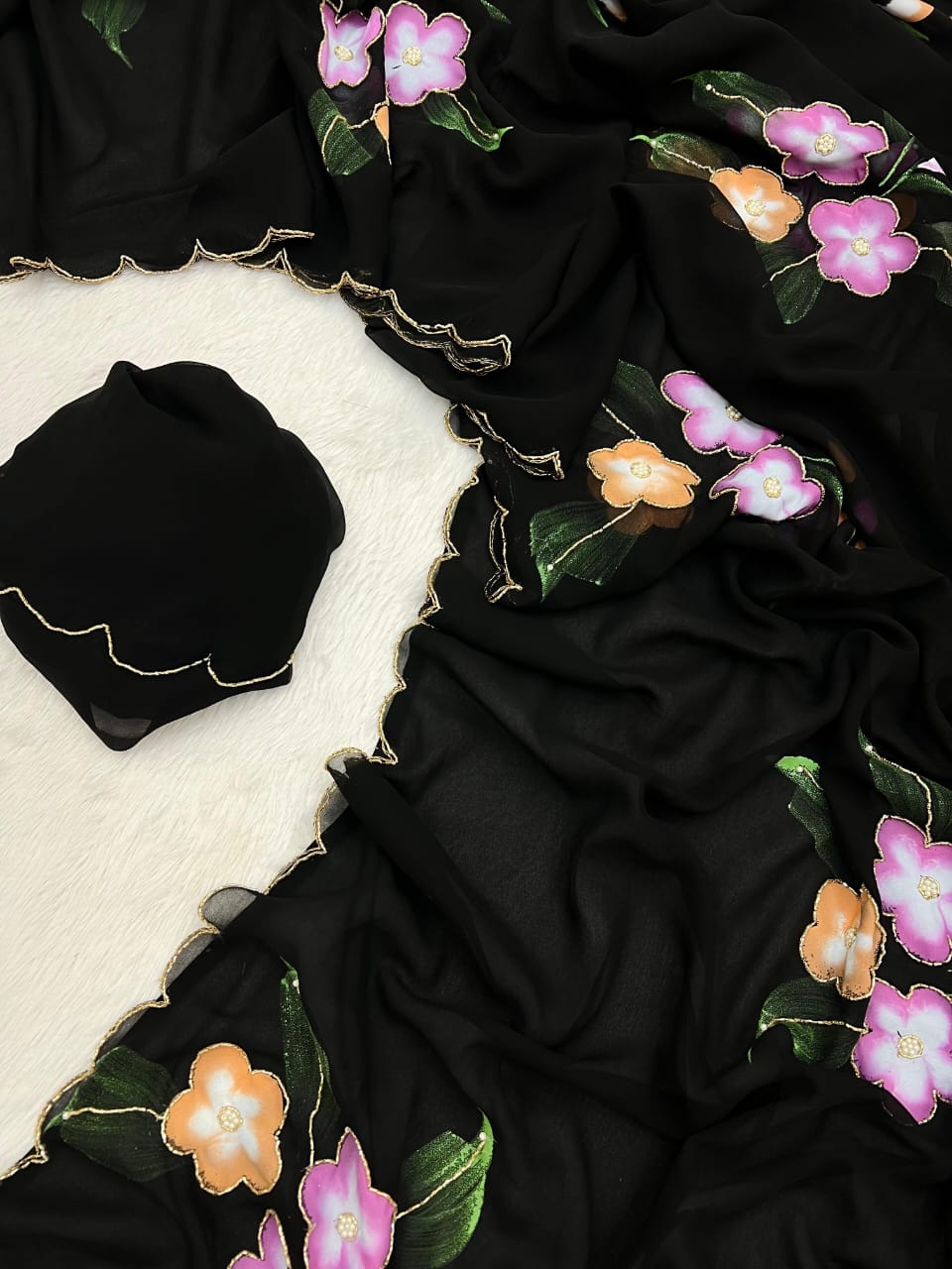 New Partywear Pure Georgette Handwork Saree – Floral Handbrush & Khatli Work