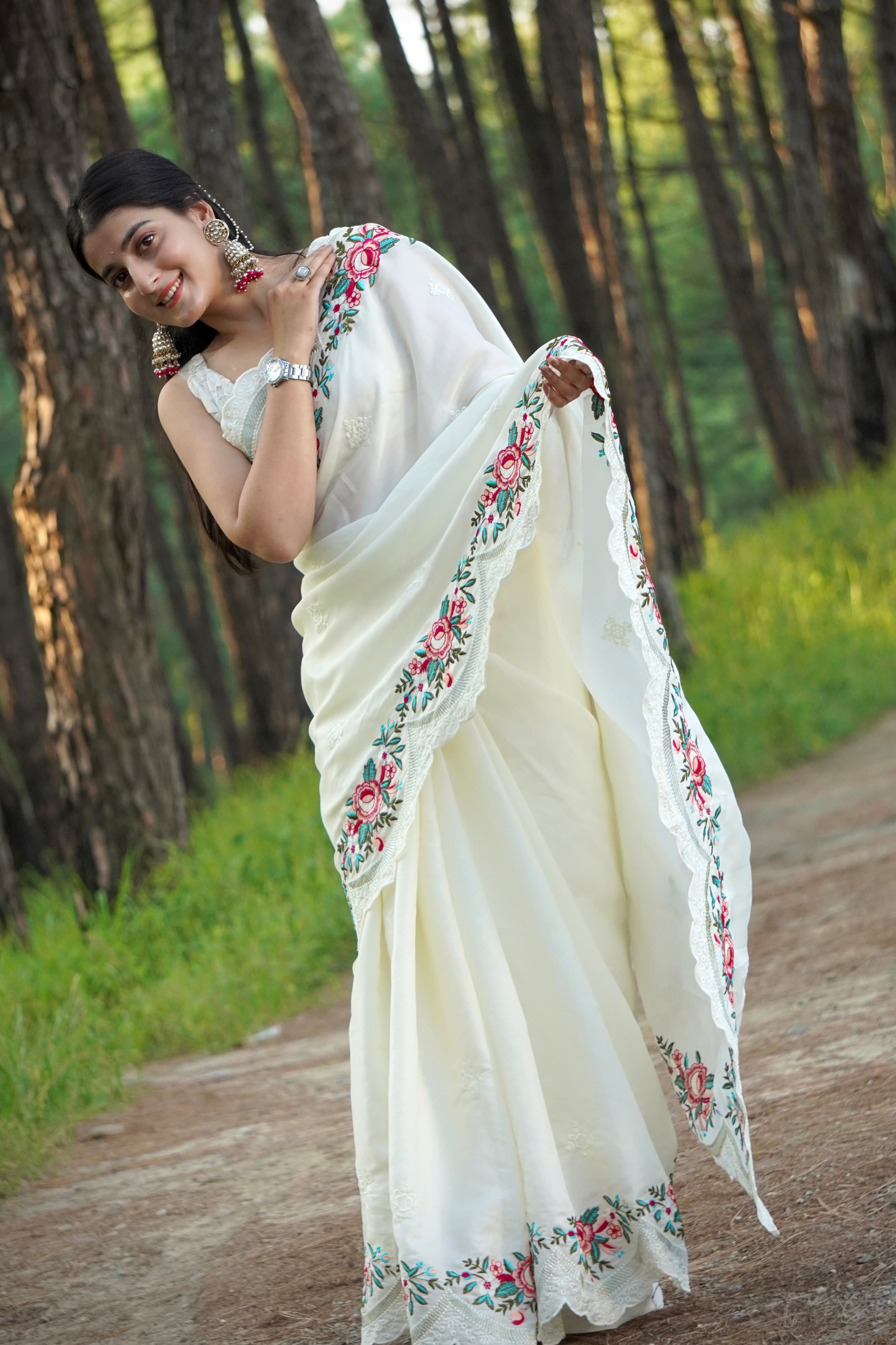 New Designer White Pure Tussar Silk Saree in a Solid color with embroidery viscos thread work in saree