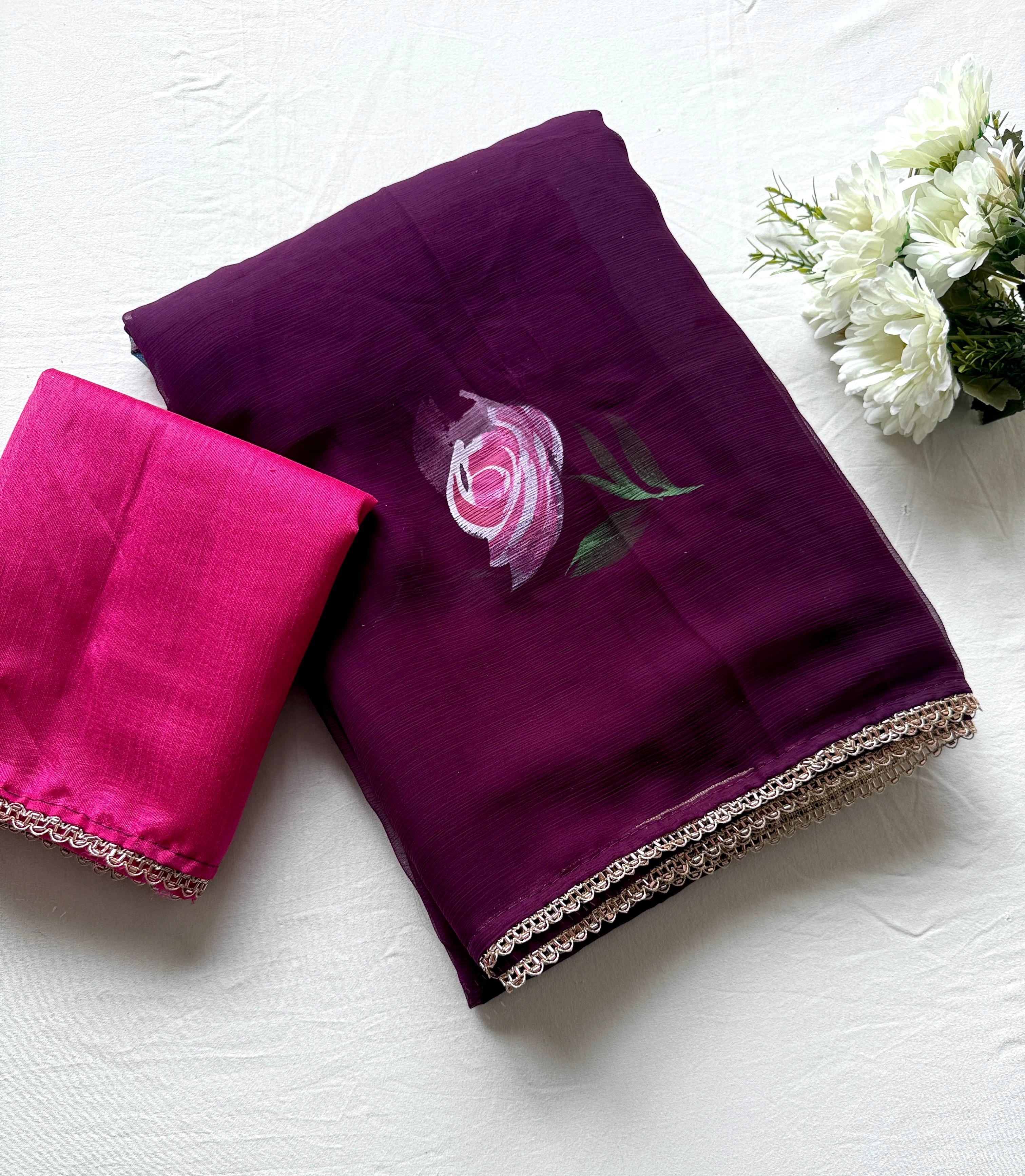 New Designer Soft Chiffon Fabric With Beautiful Floral Handbrush Print With Golden Wal Handwork Border And Contrast Art Silk Blouse