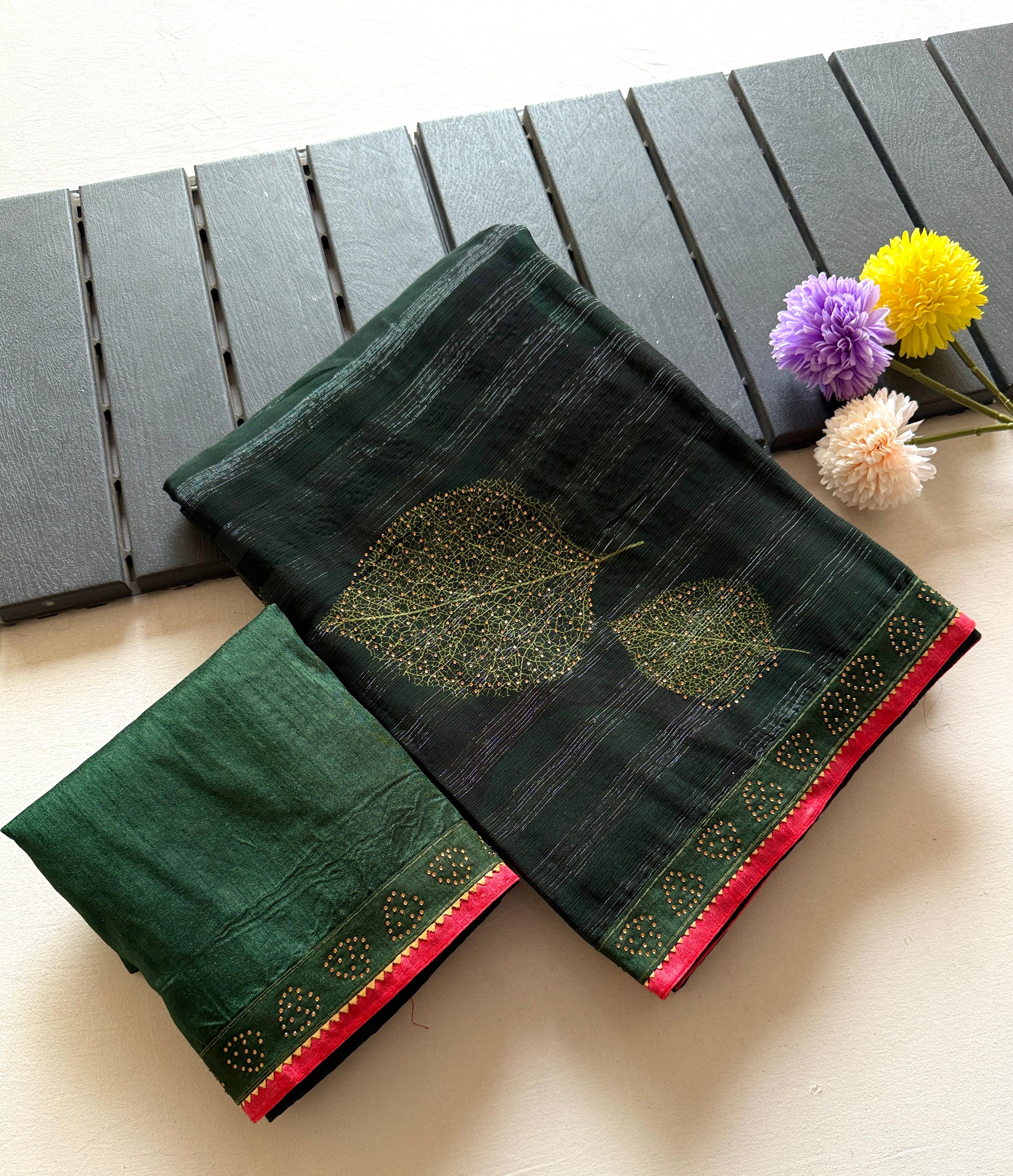 New Desogner Rim Zim Georgette Fabric Big Leaf Full Siroski Work With Siroski Less Patti Bordar And Jaquard Weaving Blouse